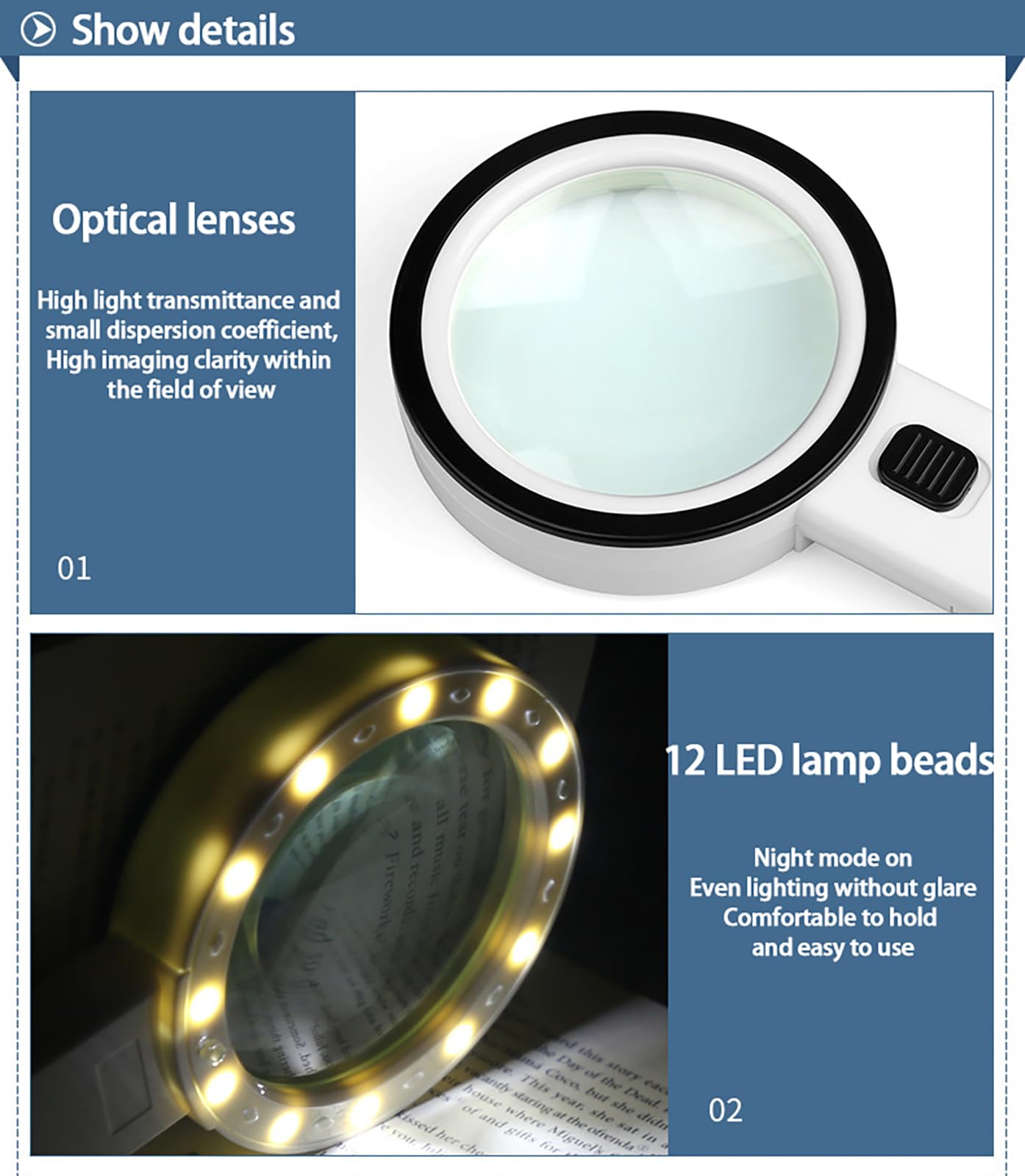 Lupa de Mano con 12 Luces LED, Lente de Vidrio 10X, Lupa iluminada para Lectura, Ideal para Personas Mayores, Lectura de Monedas, Sellos, mapas e inspección.