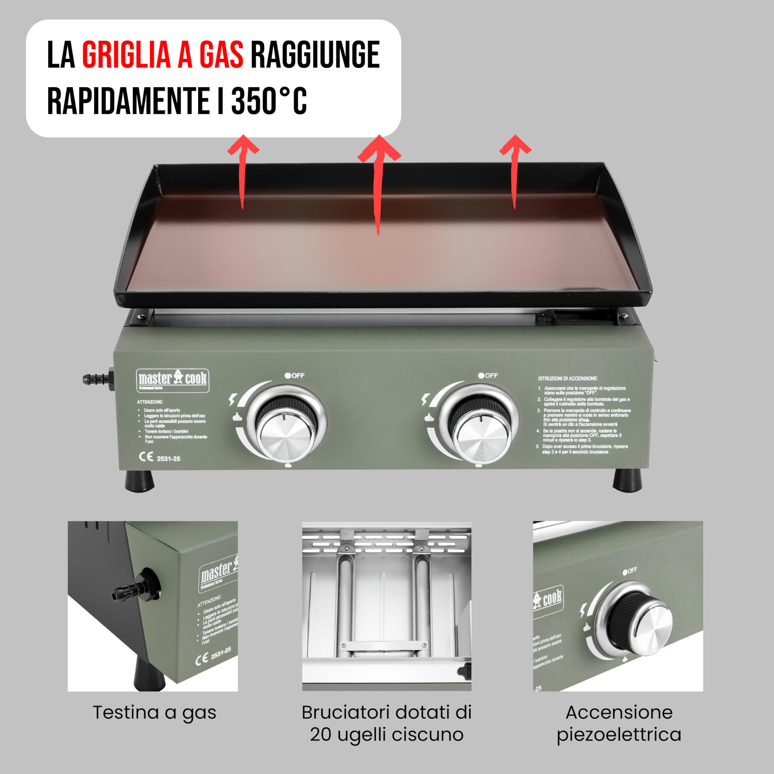 MasterCook - Piastra A Gas Professionale Da Esterno In Acciaio Inox Con 2, 3, 4 Fornelli Regolabili, Piastra A Gas Per Grigliare All’aperto In Campeggio O Giardino (Verde, 2 bruciatori)