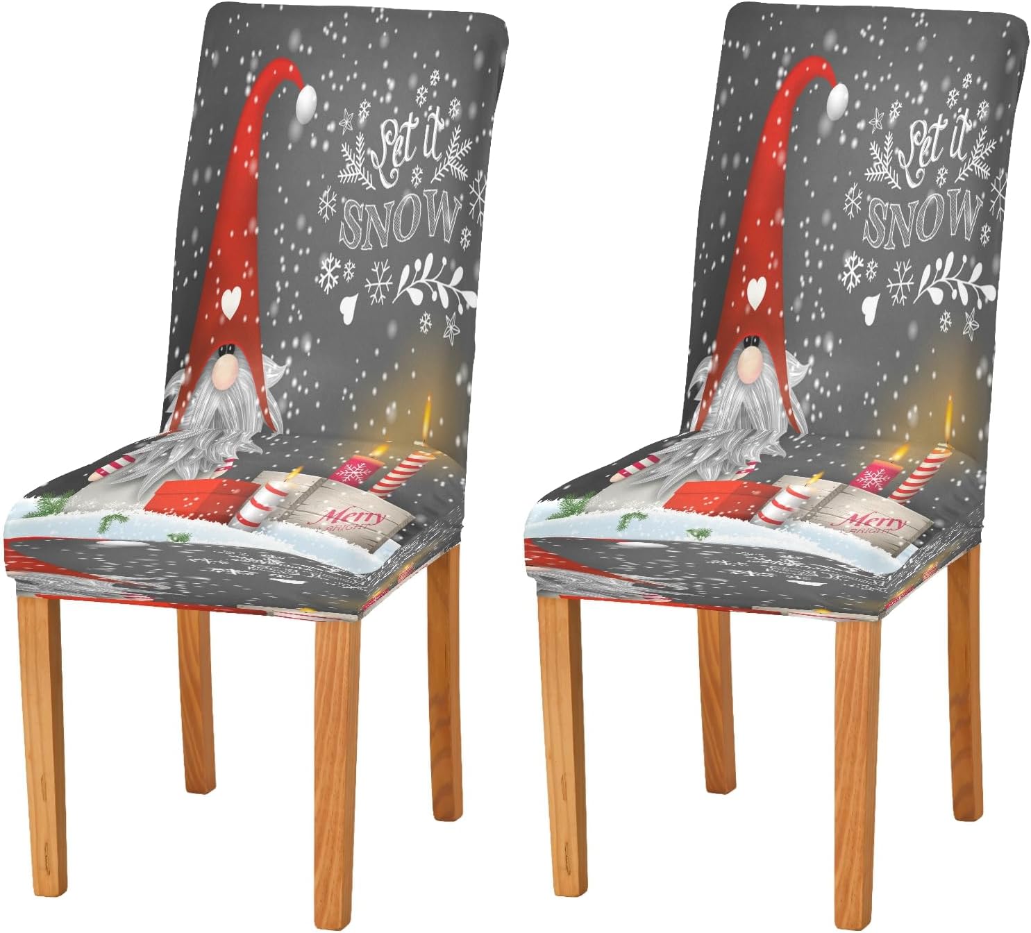 Christmas Gnome Tomte Winter Snowflakes Dining Room Chair Covers Xmas Candles Gift Boxes Chair Slipcovers Seat Protector Removable Washable Chair Cover For Home Kitchen Restaurant Hotel 4pcs