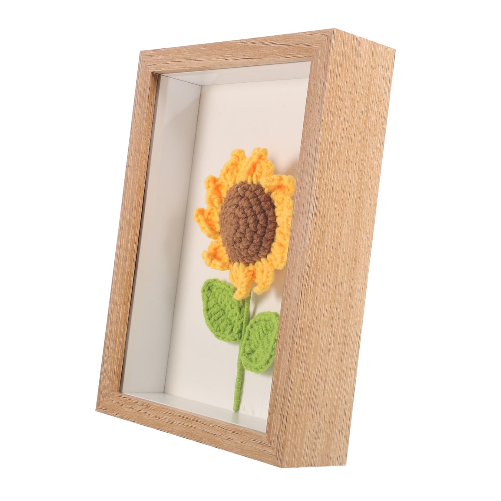 Portafotos vintage de madera con girasol de crochet para mesita de noche