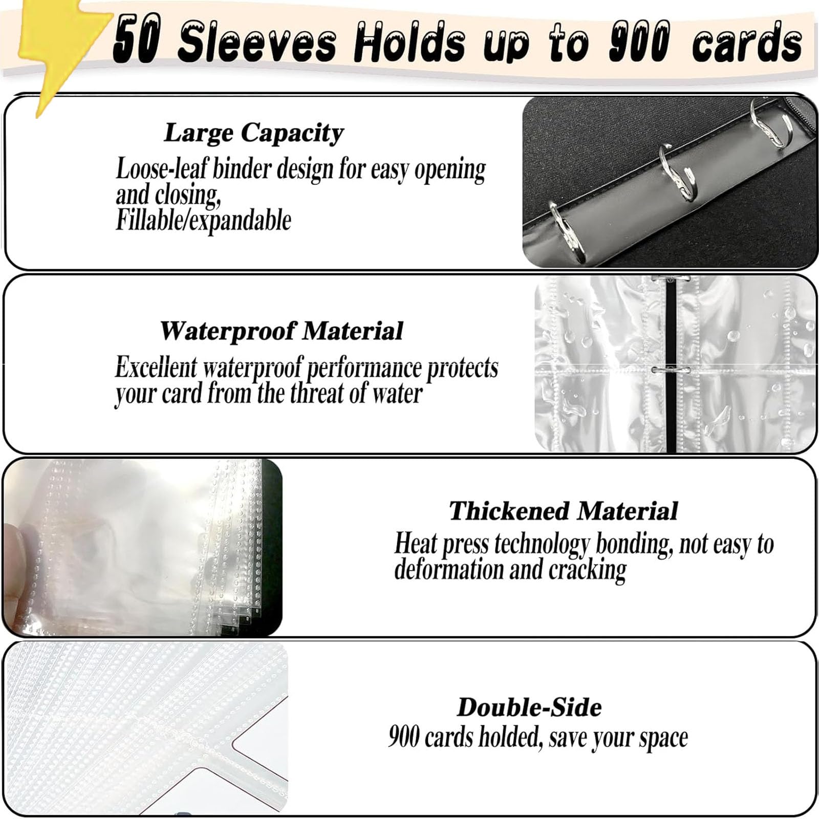 Trading Card Albums 900 Pockets, Heavy Duty Trading Card Binder Storage, Waterproof PU Card Folders with 50 Removable Sleeves - Image 3