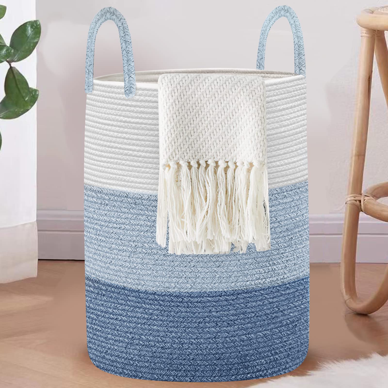 Astarama Laundry Baskets, Laundry Hamper, Large Woven Cotton Rope Storage Basket with Handles, Dirty Clothes Hamper Decorative Basket for Living Room, Nursery, Bathroom, Bedroom (White & Blue)