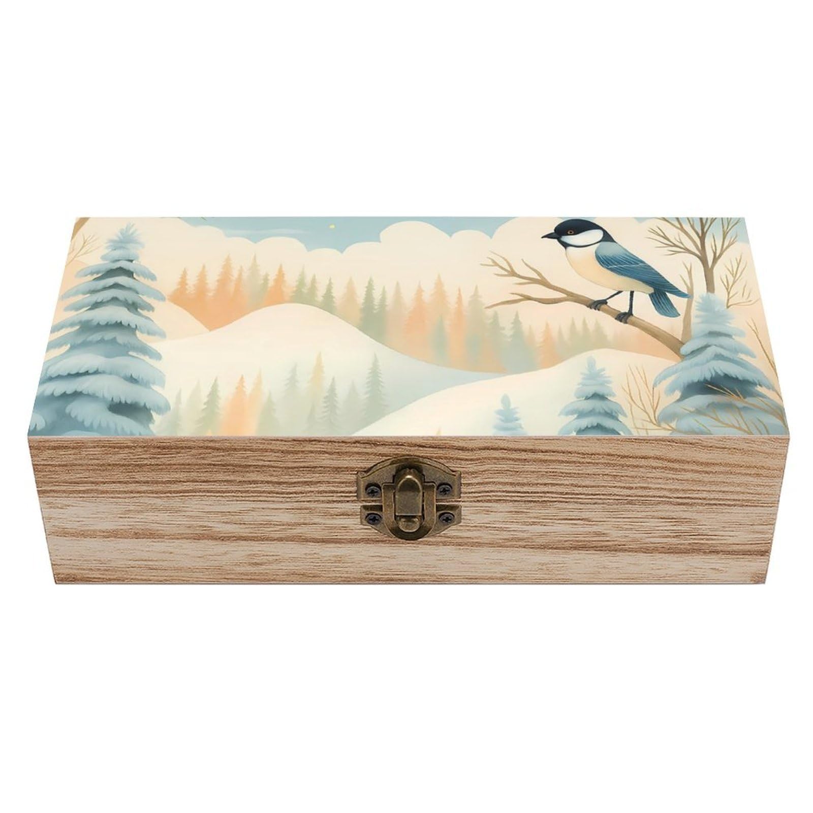 HLBSDM Winter Bird on Snowy Forest Branch Retro Wooden Storage Box Jewelry Art Gift Boxs Decorative Keepsake Boxes