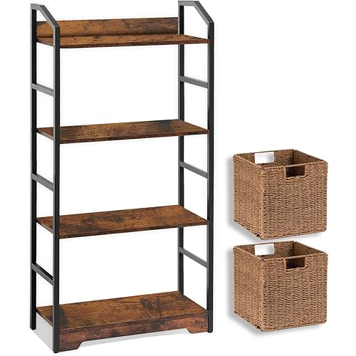 Vagusicc Bookshelf with 2 Storage Baskets, 4-Tier Bookcase Wood Book Shelf, Modern Shelf Storage Organizer Steel Frame, Multipurpose Bookshelf for Bedroom Living Room Office, Rustic Brown Black