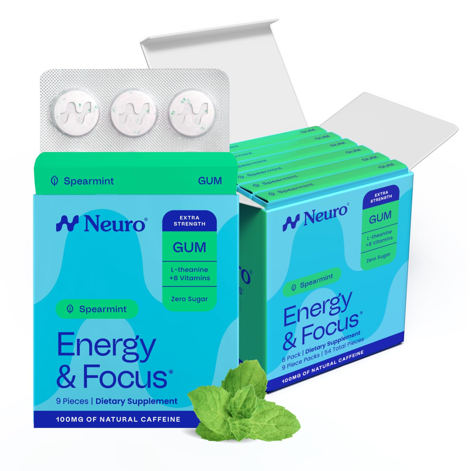 Neuro Energy & Focus Gum, Extra Strength - 100mg Natural Caffeine Gum & Nootropic Energy Supplement with L-Theanine & B Vitamins - Sugar Free, Vegan - Spearmint, 90ct
