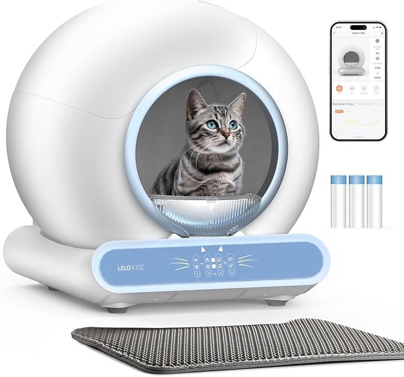 Caixa de Areia Autolimpante para Gatos LELOKIDZ com Controle por Aplicativo, 65 L + 9 L, Azul-claro