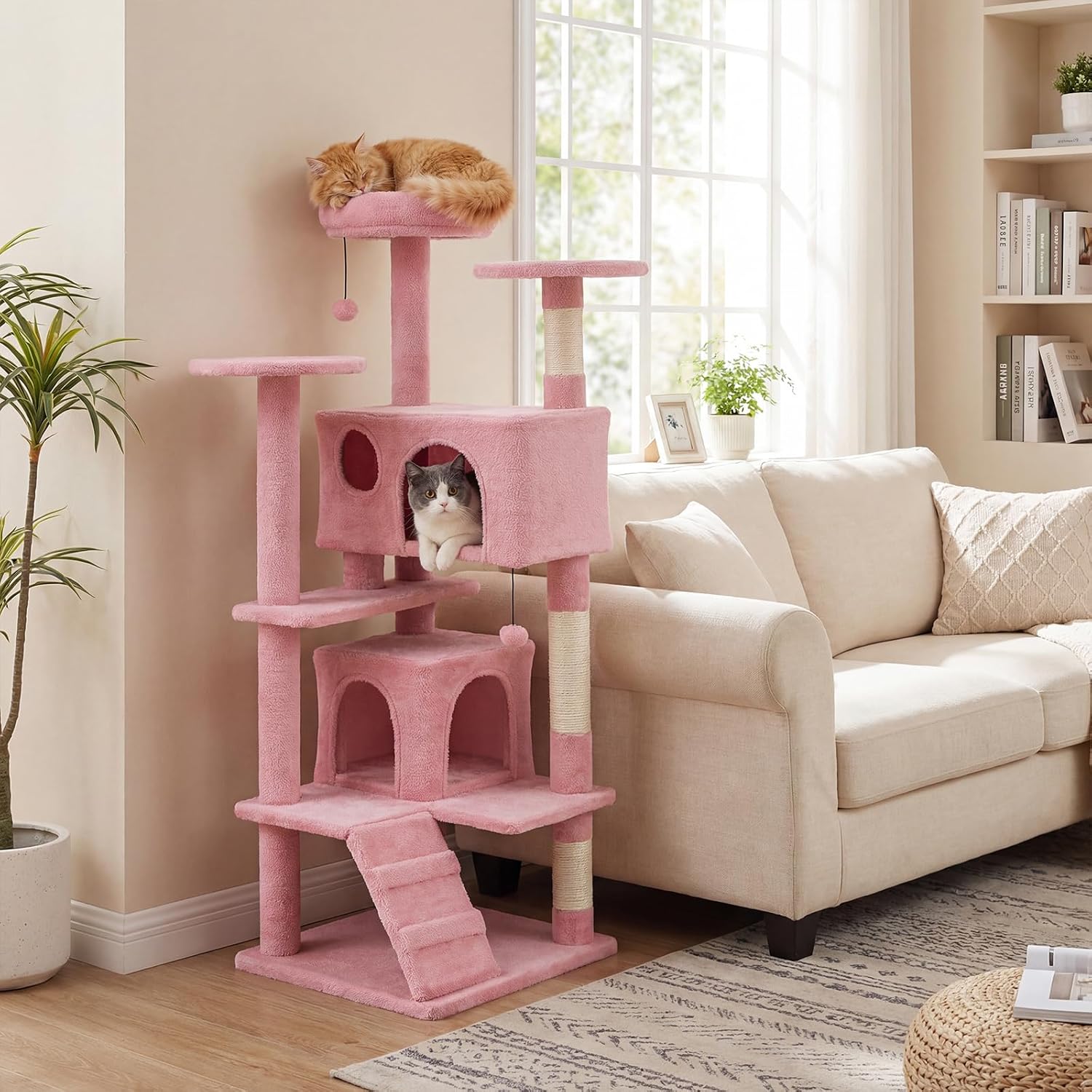 Tangkula Pink Cat Tree Tower, 52 Inch Multi-Level Cat Tower with Sisal Scratching Posts, Cushioned Top Perch, Large Dual Condos & Ladder, 2 Hanging Balls, Jumping Platforms for Indoor Cats (Pink)
