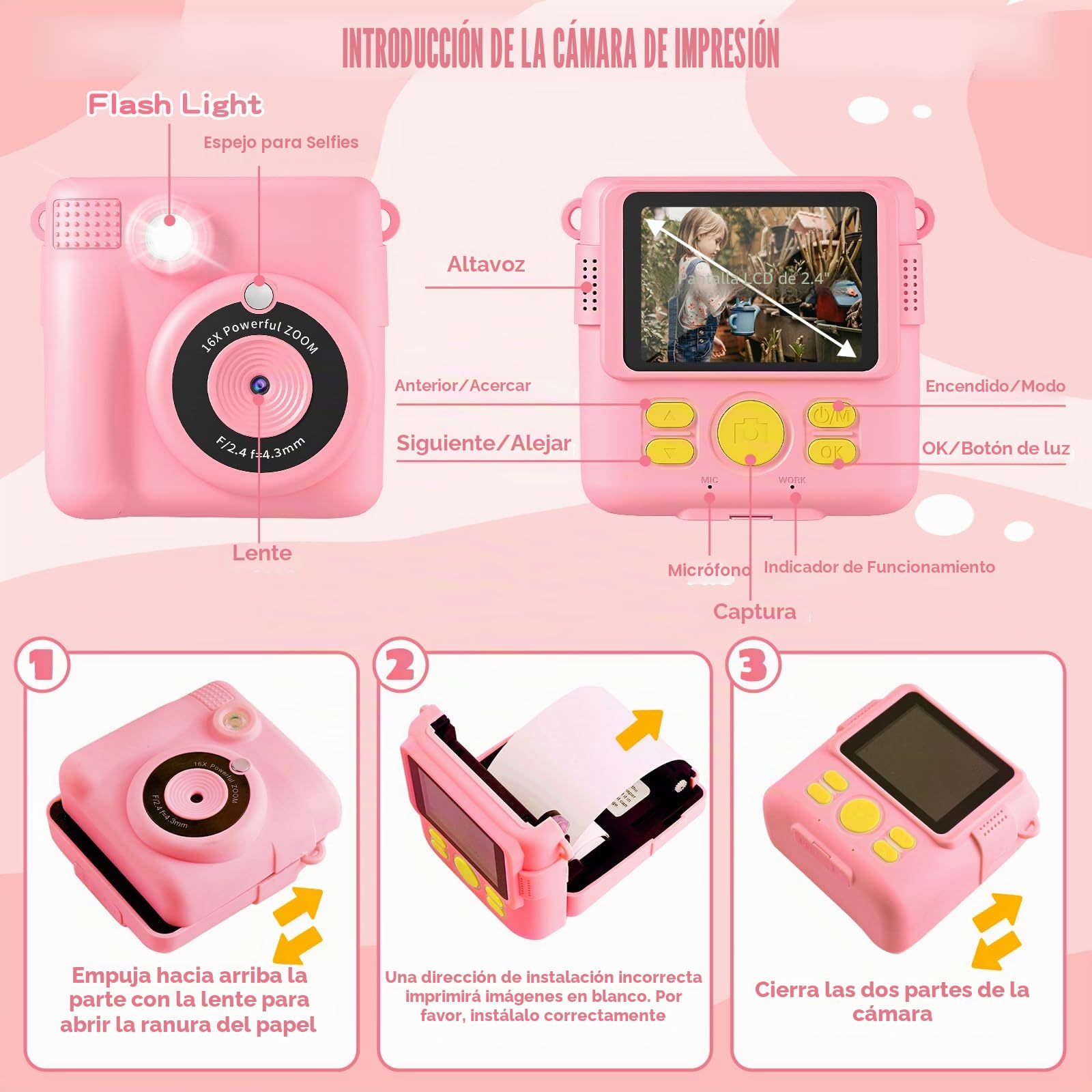 CHRERNA Camara Fotos Infantil Instantanea, 2,4" HD Camara Fotos Infantil, 1080P Cámara Instantánea con Tarjeta de 32GB y Papel de Impresión, Regalo para Niños y Niñas 3 a 12 Años