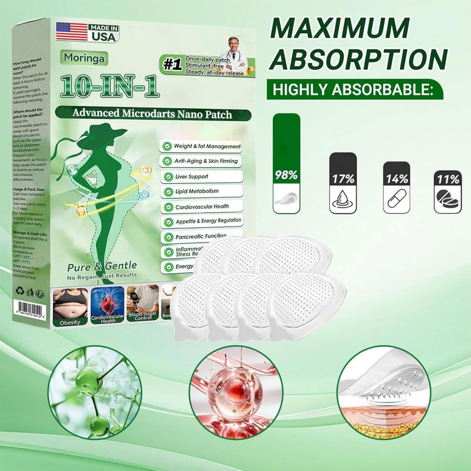 Moringa Berberine Patches, Moringa Berberine X Nad Patches, 2026 New Professional Moringas 10-In-1 Nano Microdarts Patch, Suitable For All Skin Types, Gentle Non-Irritating Design (3 PCS) — view 2