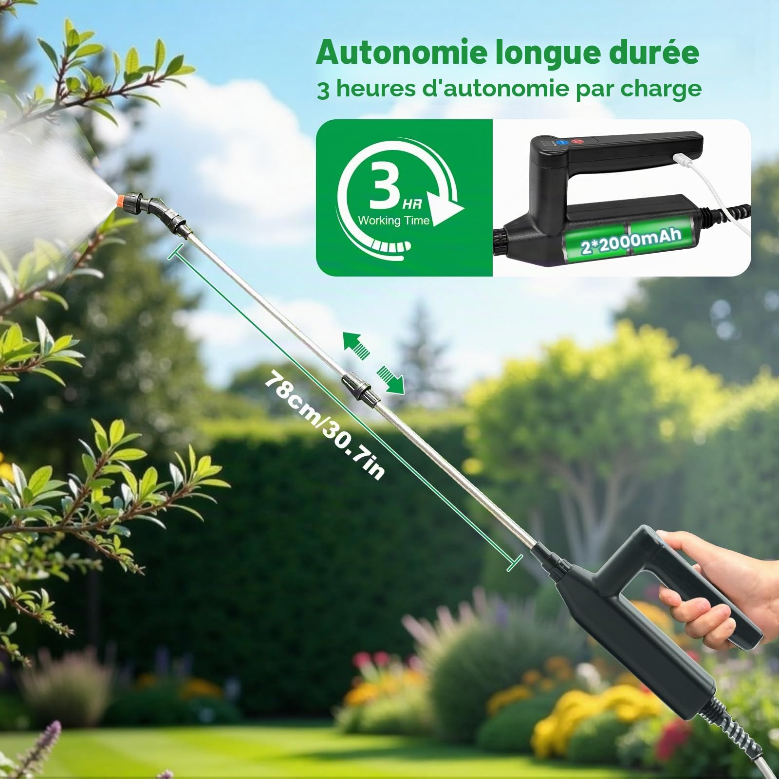 SYLSTAR Pulverisateur Electrique 5L, 7.4V Puissant Pulverisateur de Jardin avec 4 Jet Réglable, 3 Vitesses Pulvérisateur à Batterie Rechargeable avec Canne Telescopique pour Arrosage Désherbage (Vert)