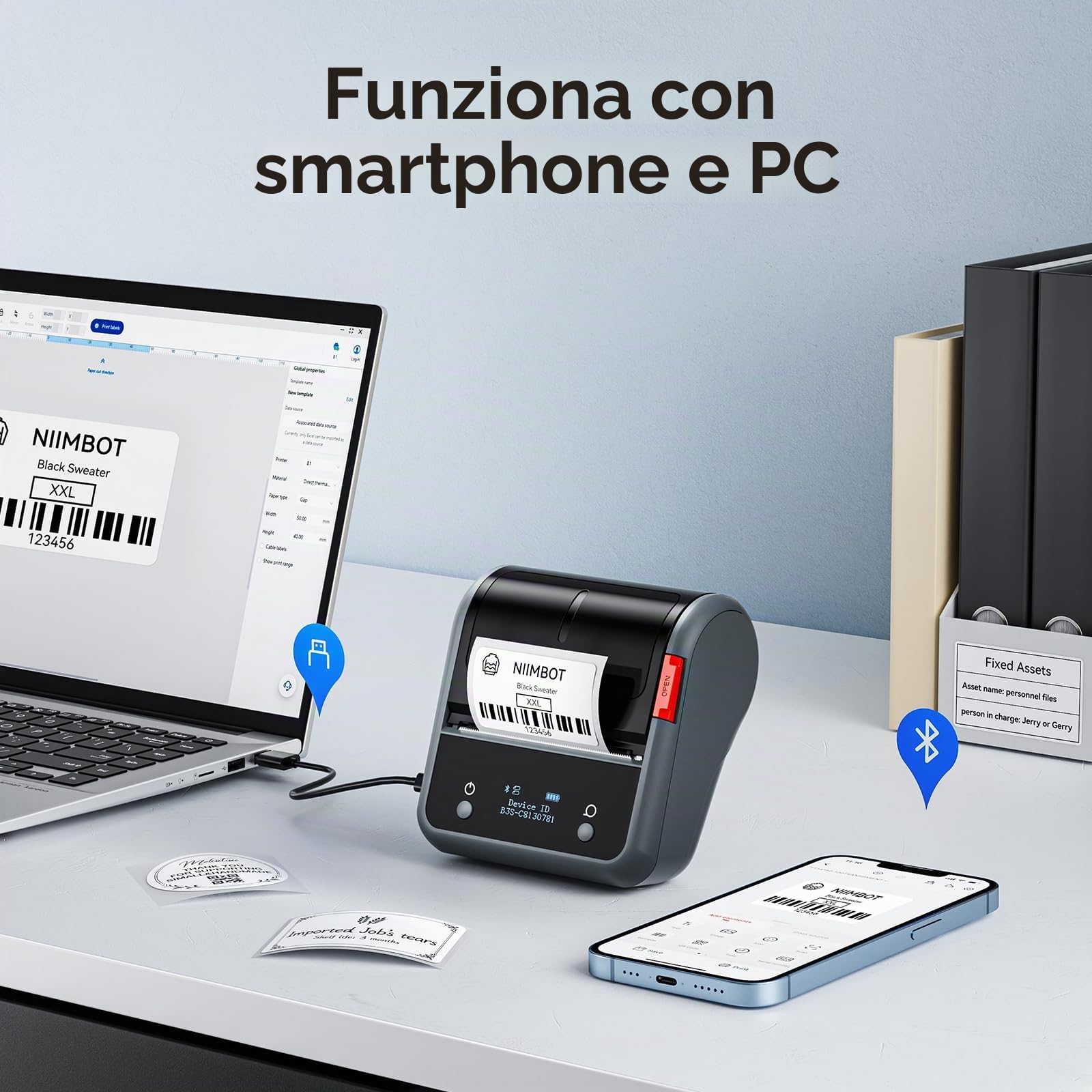 NIIMBOT Etichettatrice B3S, stampante termica aggiornata da 75 mm, etichettatrice portatile con etichette 70 x 40 mm, etichettatrici Bluetooth