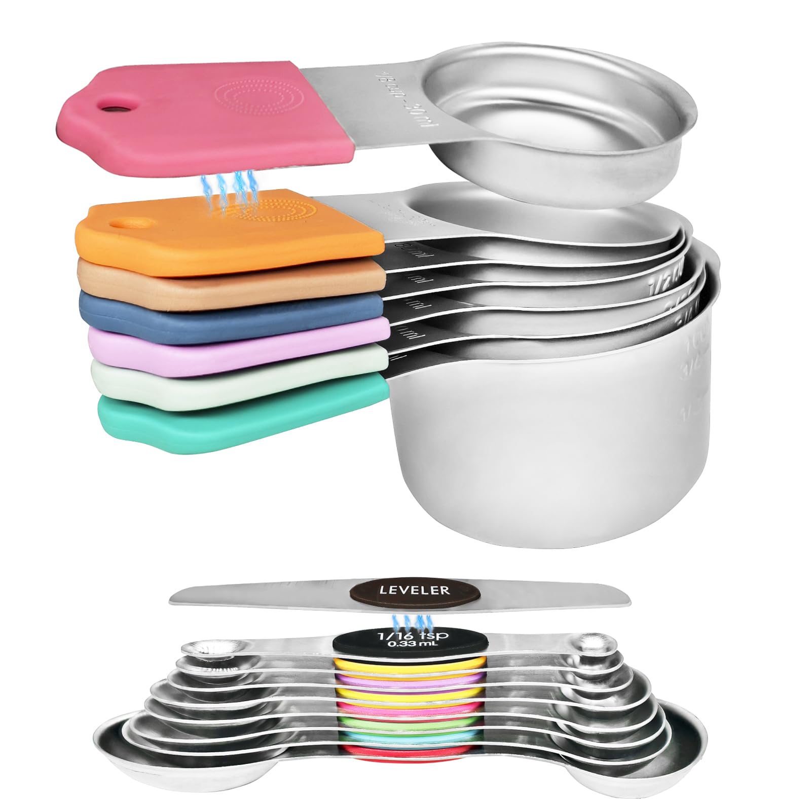 Hsoigc Magnetic Measuring Cups and Spoons Set, Stainless Steel Double Measurement Markings, Strong Magnetic Nesting Design for Space Saving Storage, Dishwasher Safe(16 Piece)