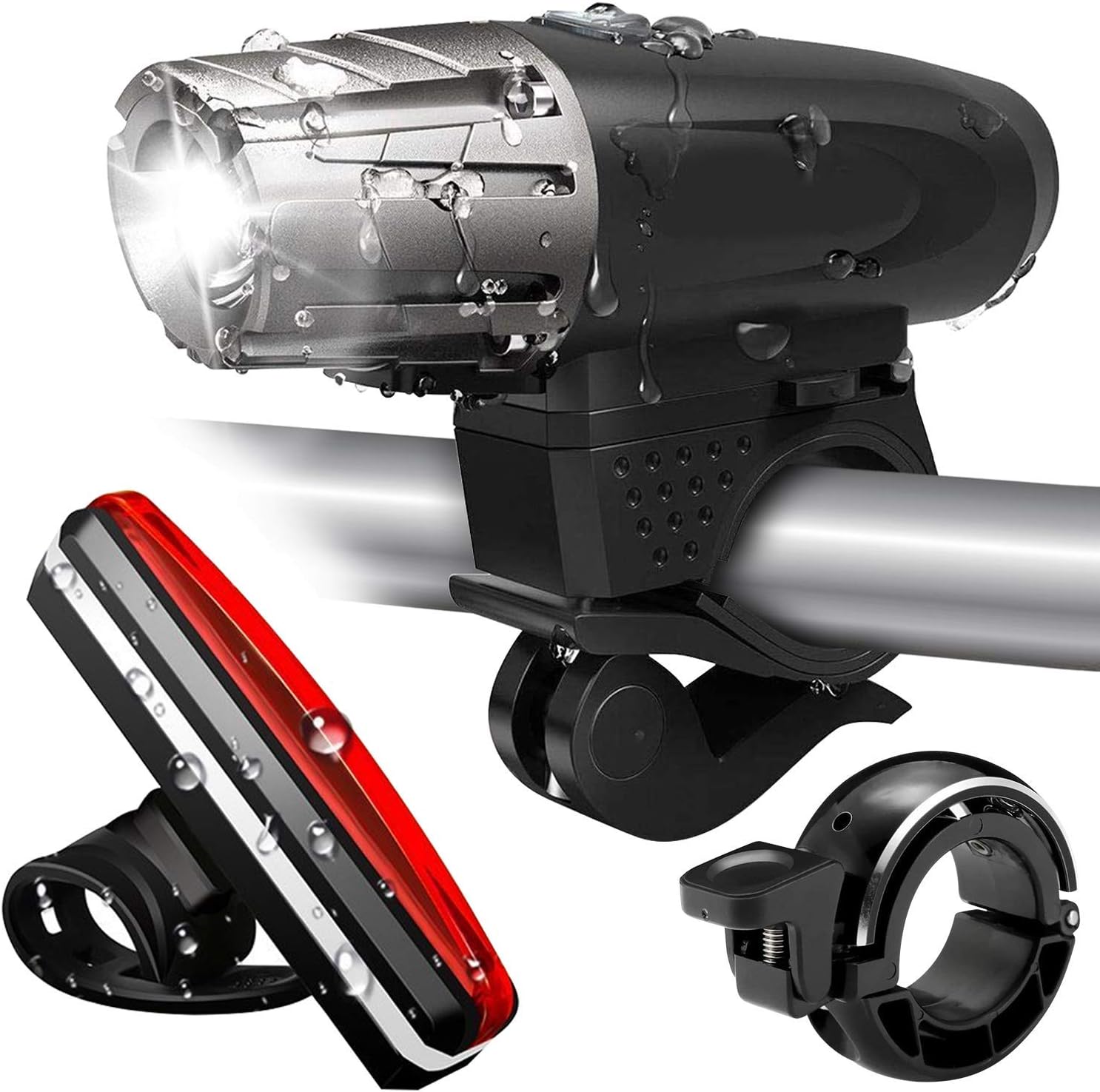 Perkisboby LED Bicycle Light Set, 300 Lumen Ultra Bright USB Rechargeable Bike Lights with Bike Taillight & Bike Bell, 4 Light Modes, Easy to Install for Cycling Hiking Camping Outdoor