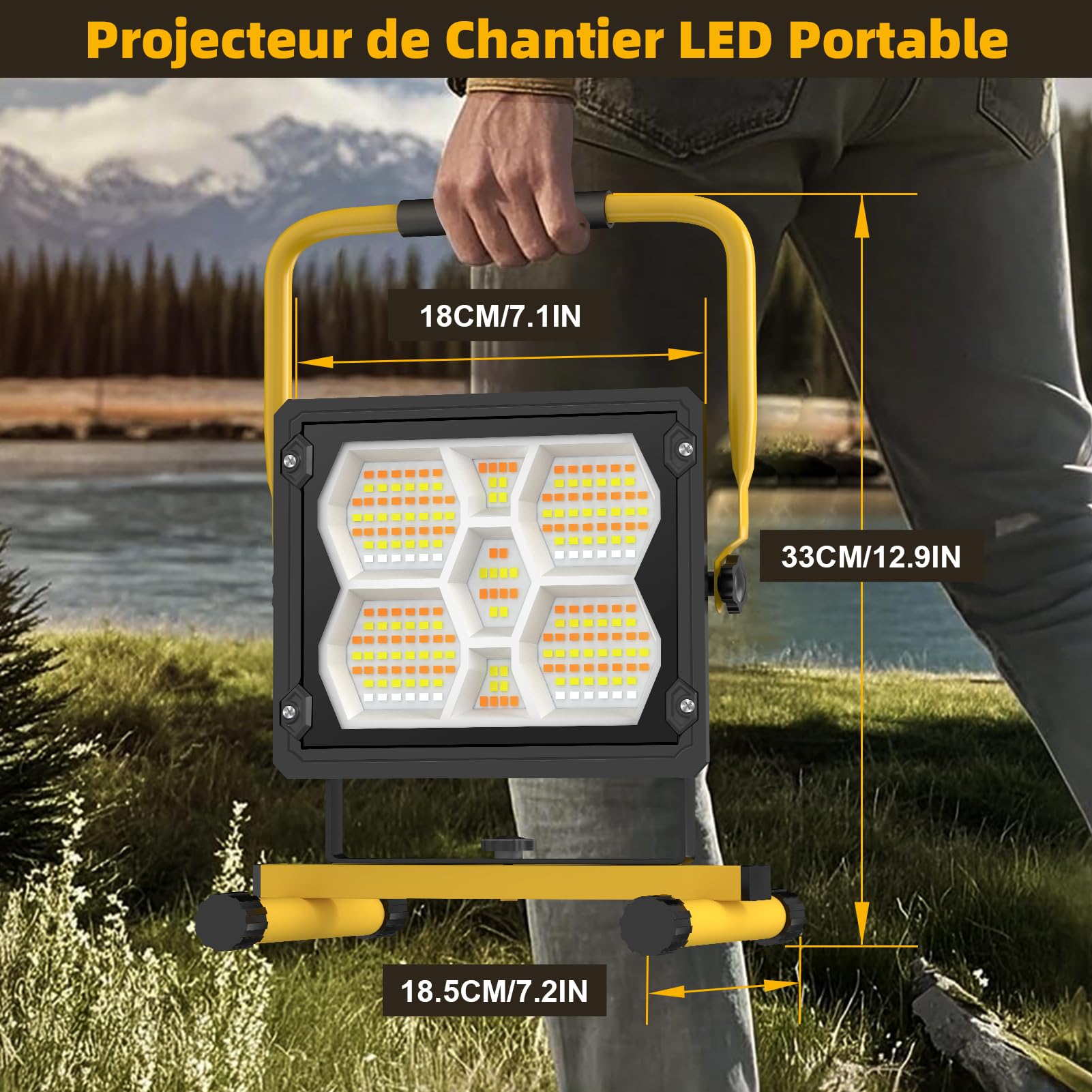 Sararoom Projecteur LED Solaire Rechargeable 100W, Projecteur LED Chantier Portable avec 5 Modes D'éclairage, USB et 10000mAh Batterie, Lampe de Travail Étanchéité IP65 Pour Garage, Atelier, Cour