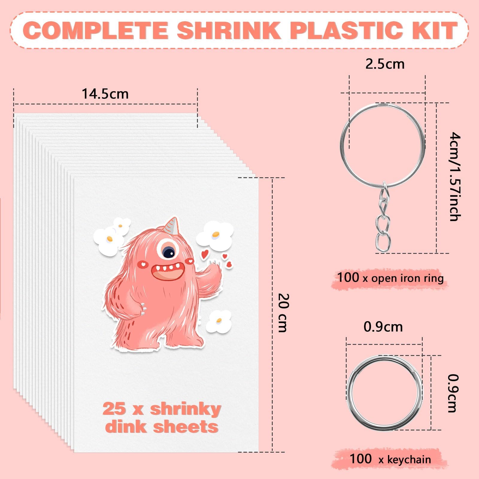 WOOWAIR 225 Pezzi Set di Fogli in Plastica Termoretraibile, 20x14,5cm Magica Shrink Plastic include 25 Fogli di Carta Termoretraibile e 100 Portachiavi con Catenine per Artigianale Creativa Fai da Te