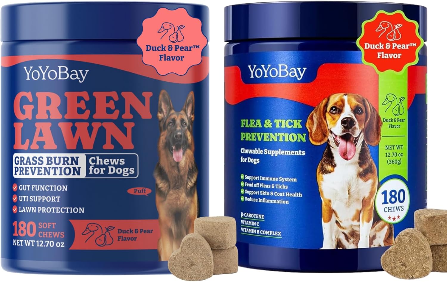 Flea & Tick Supplement for Dogs + Grass Burn Spot Chews for Dogs, 180 Soft Chews Eachs, Duck & Pear Flavor