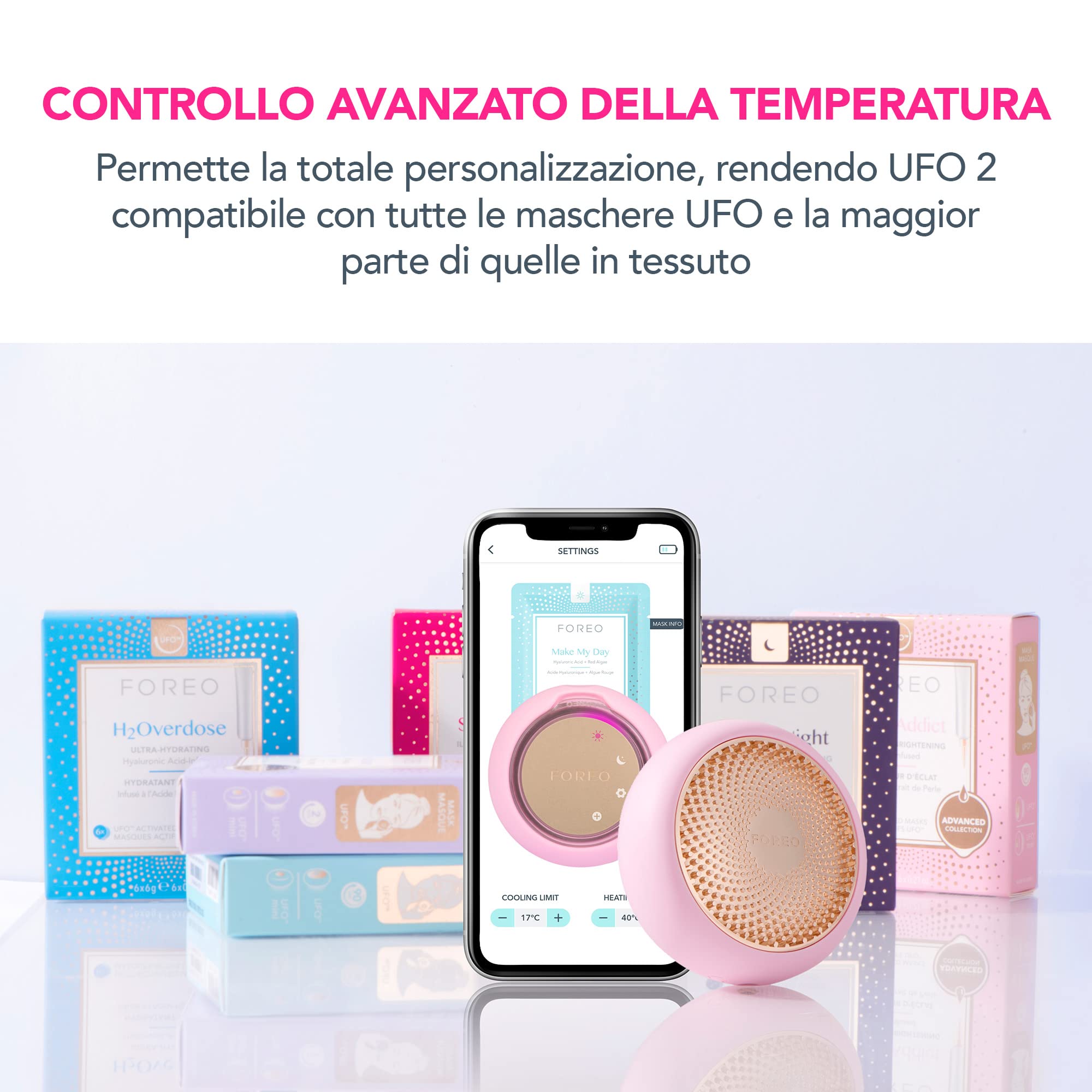 FOREO UFO 2 maschera LED viso spettro completo termoterapia crioterapia massaggiatore Fuchsia