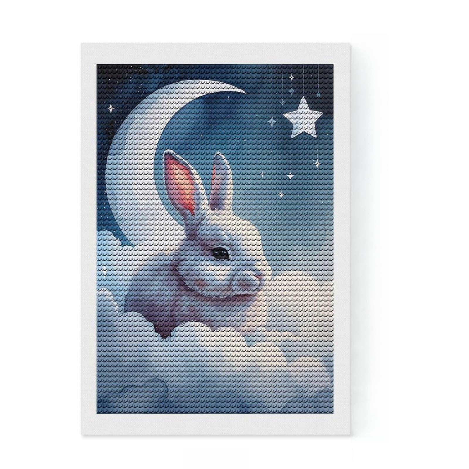 Junmoney Sleepy White Rabbit on Clouds Watercolor Full Drill Diamond Painting Kit 8"x12", for Adults, Good for Quiet Evenings, Farmhouse Decor, Holiday Gift Idea