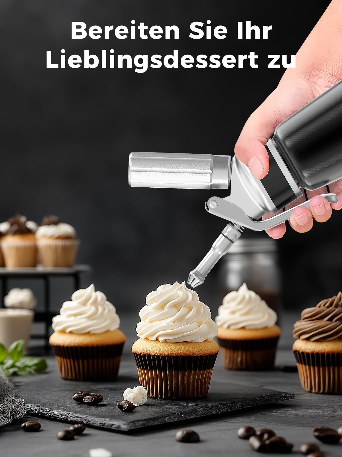Professioneller Sahnespender aus Aluminium 500ml / 1 Pint, auslaufsicher für Desserts und Kaffee, 3 Dekorationsaufsätze, lebensmittelgeprüft, N2O Kapseln Nicht enthalten