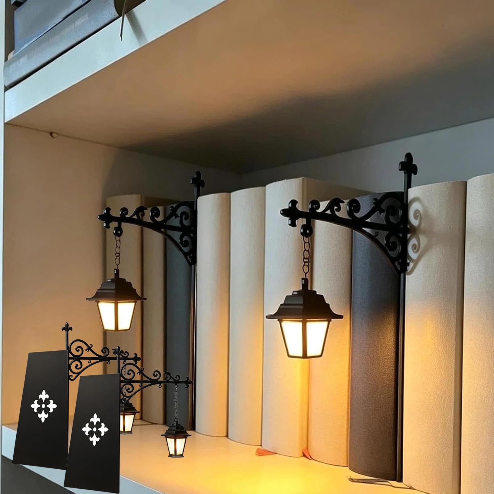 WEIWOGU Library Lantern-Decorative Bookshelf Lighting, Hanging Shelf Lamp, Antique Library Lamp, Vintage Fantasy Book Nook Lamps, Reading Nook Literary Desk Decoration for Book Lovers (2pcs)