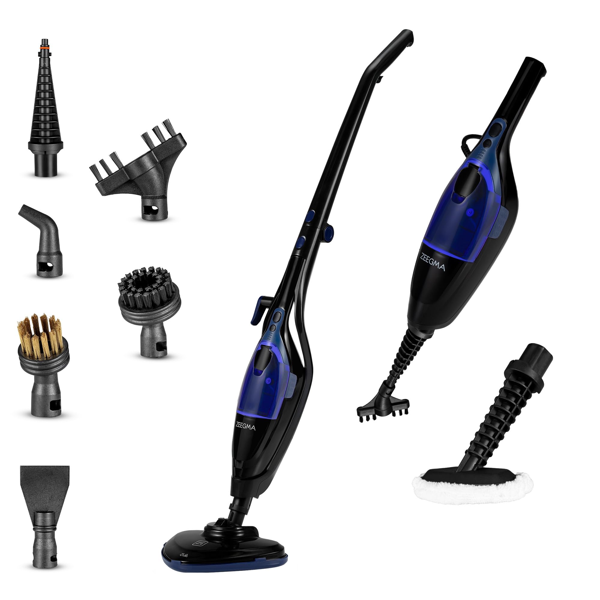 ZEEGMA Puur Prime Control – Mopa de Vapor 2 en 1 con 13 Accesorios, 1500 W, Depósito Extraíble 400 ml, Calentamiento 20 s, 3 Niveles de Vapor, Cabezal Giratorio, Cable 7 m – Limpieza sin Químicos