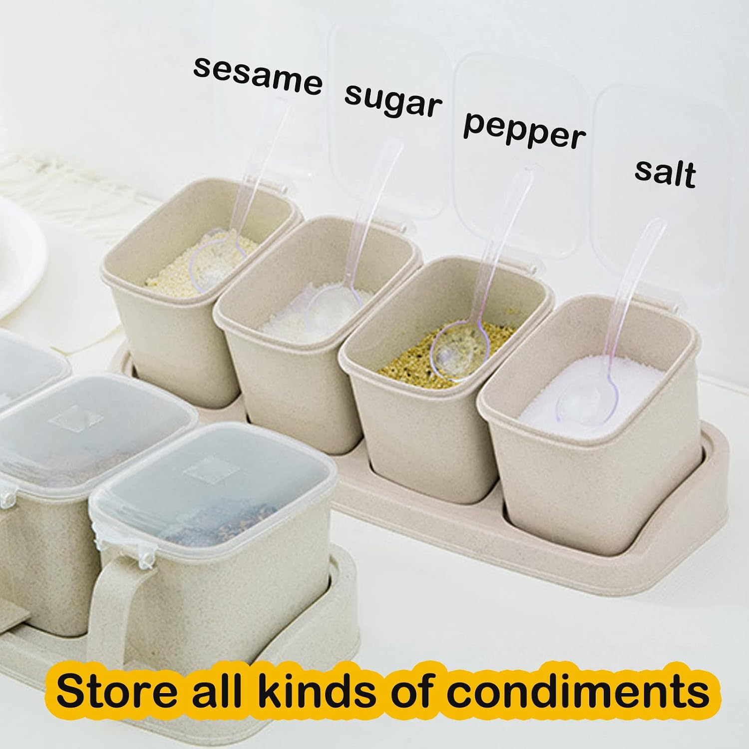 Condiment Jar Spice Container Set of 4 with Lids and Spoons Seasoning Rack Spice Pots Seasoning Box Condiment Jar with Cover and Spoon