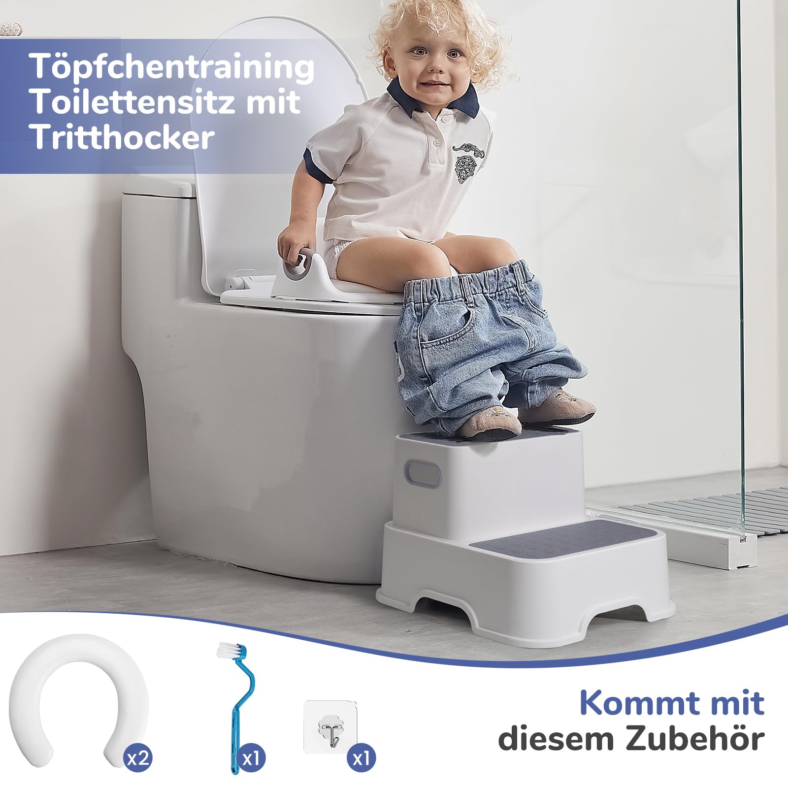 DEANIC Toilettensitz für Kinder mit Tritthocker, Toilettensitz mit Treppe und 2 Stufen Hocker, Toilettenaufsatz Klositz für ab 1-2-3-6 Jahre, 2 Kissen 1 Bürste (Grau)