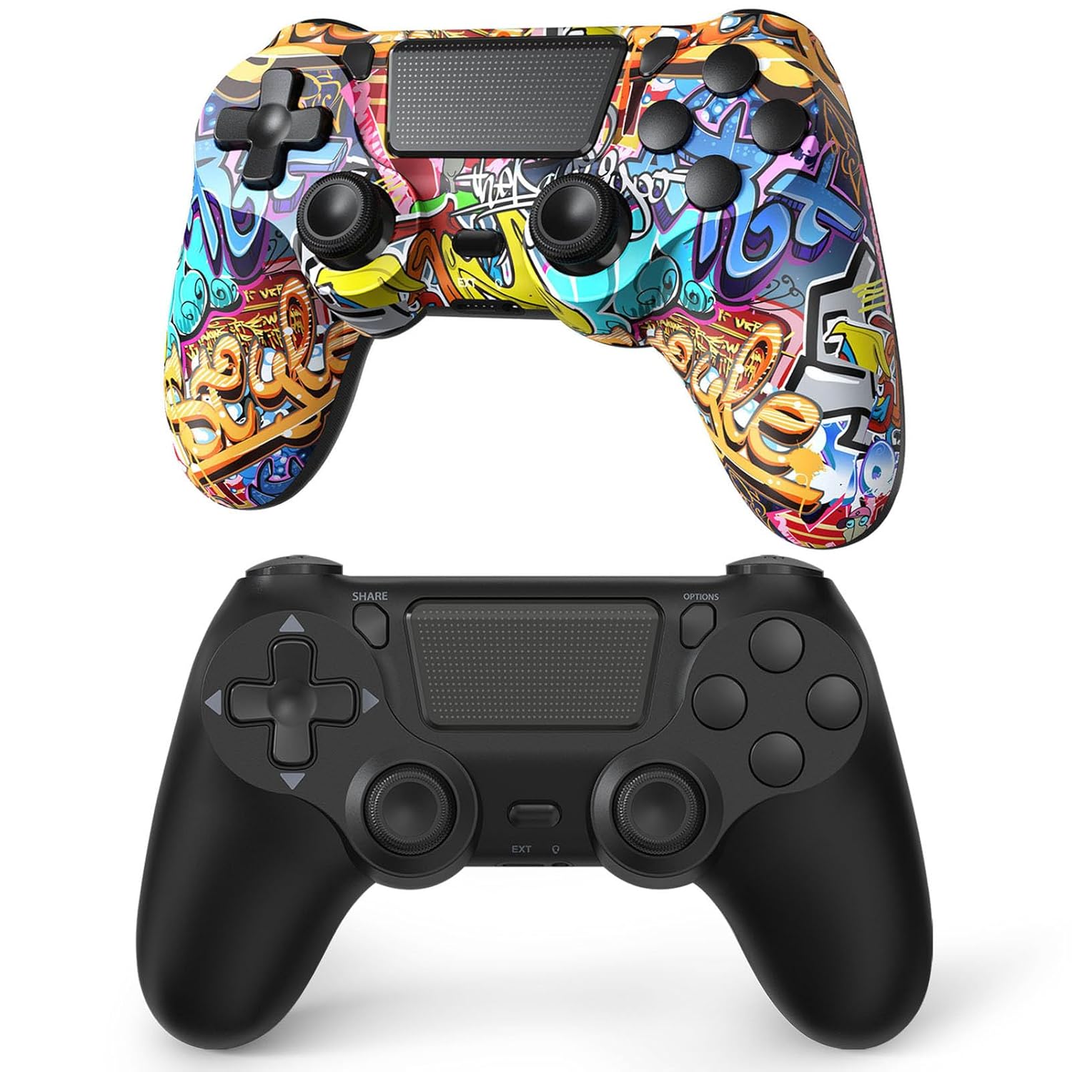 TIANHOO 2Pack Wireless Controller Compatible with PS4/Pro/Slim, with Vibration Feedback, Motion Sensing, Touchpad, Light Bar, Share, 3.5mm Headphone Jack (Black & Graffiti)