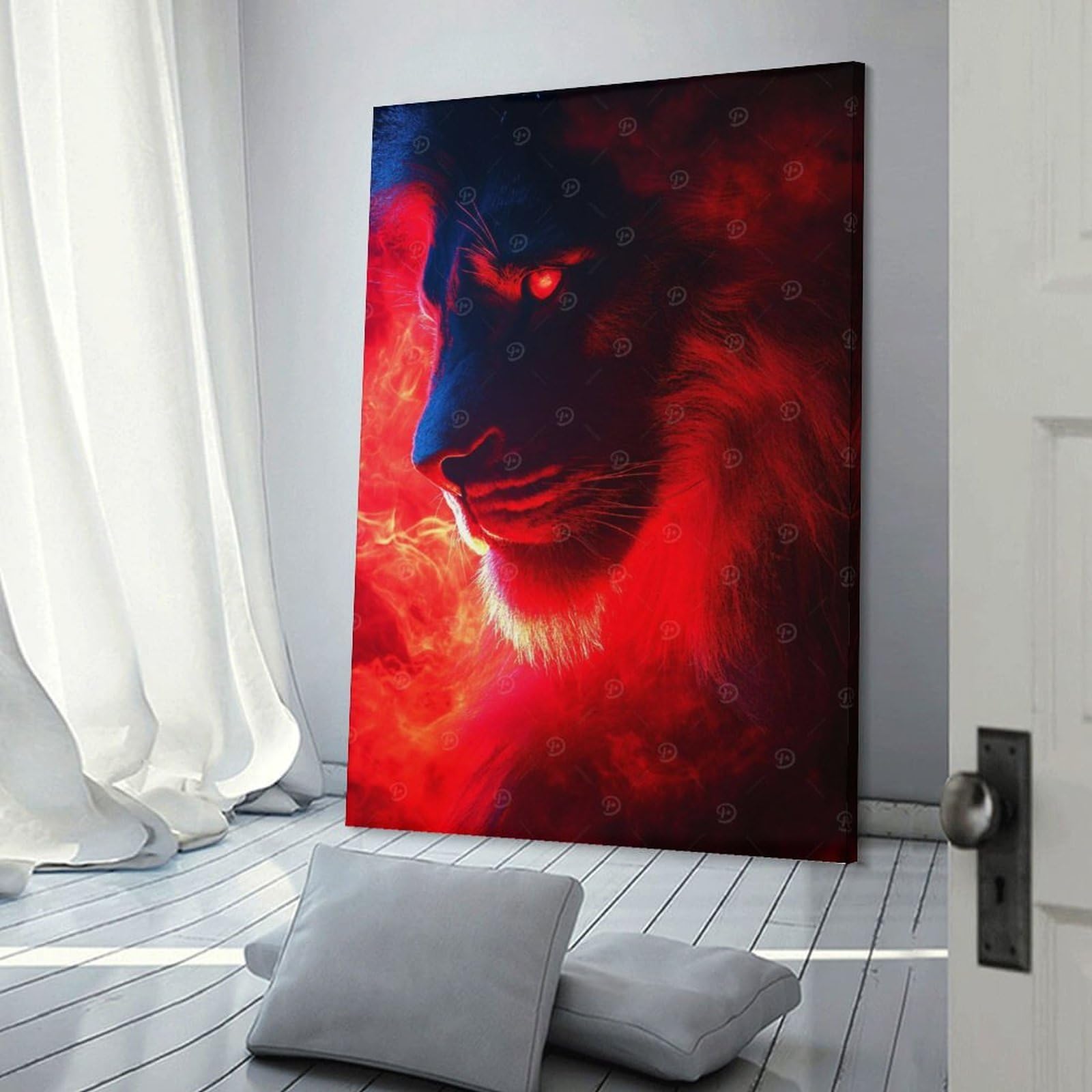 Junmoney Lion in Red And Blue Light Canvas Wall Decor 24x36inch(60x90cm), for Workspace Walls, Study Corners Or Bedrooms, Decorative Artwork for Productive Spaces