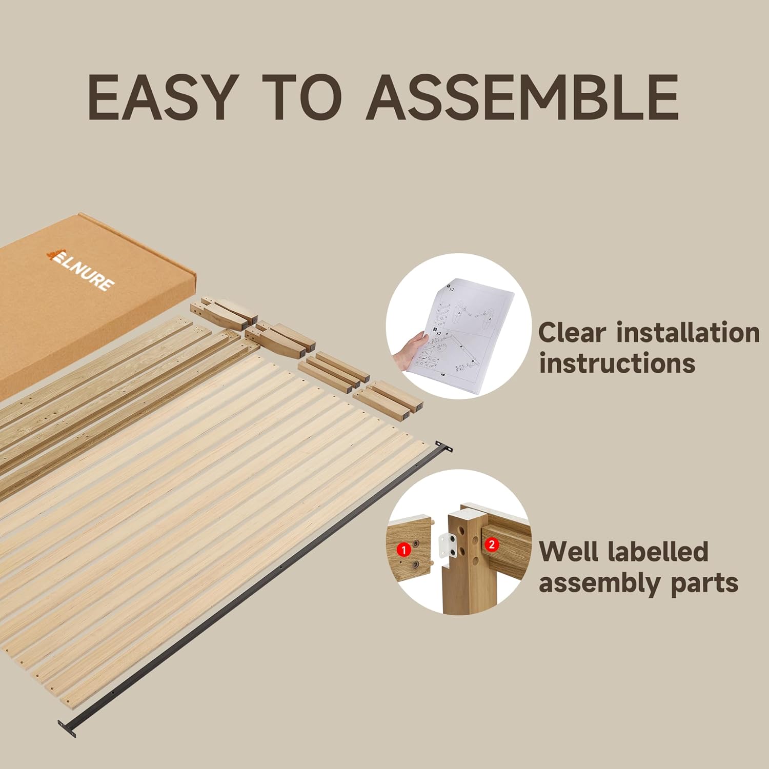 Bed Frame Queen Size, Wood Platform Bed Frame with Solid Wood Slats & Legs, Noise-Free, No Box Spring Needed, Easy Assembly, Minimalist Japandi Style