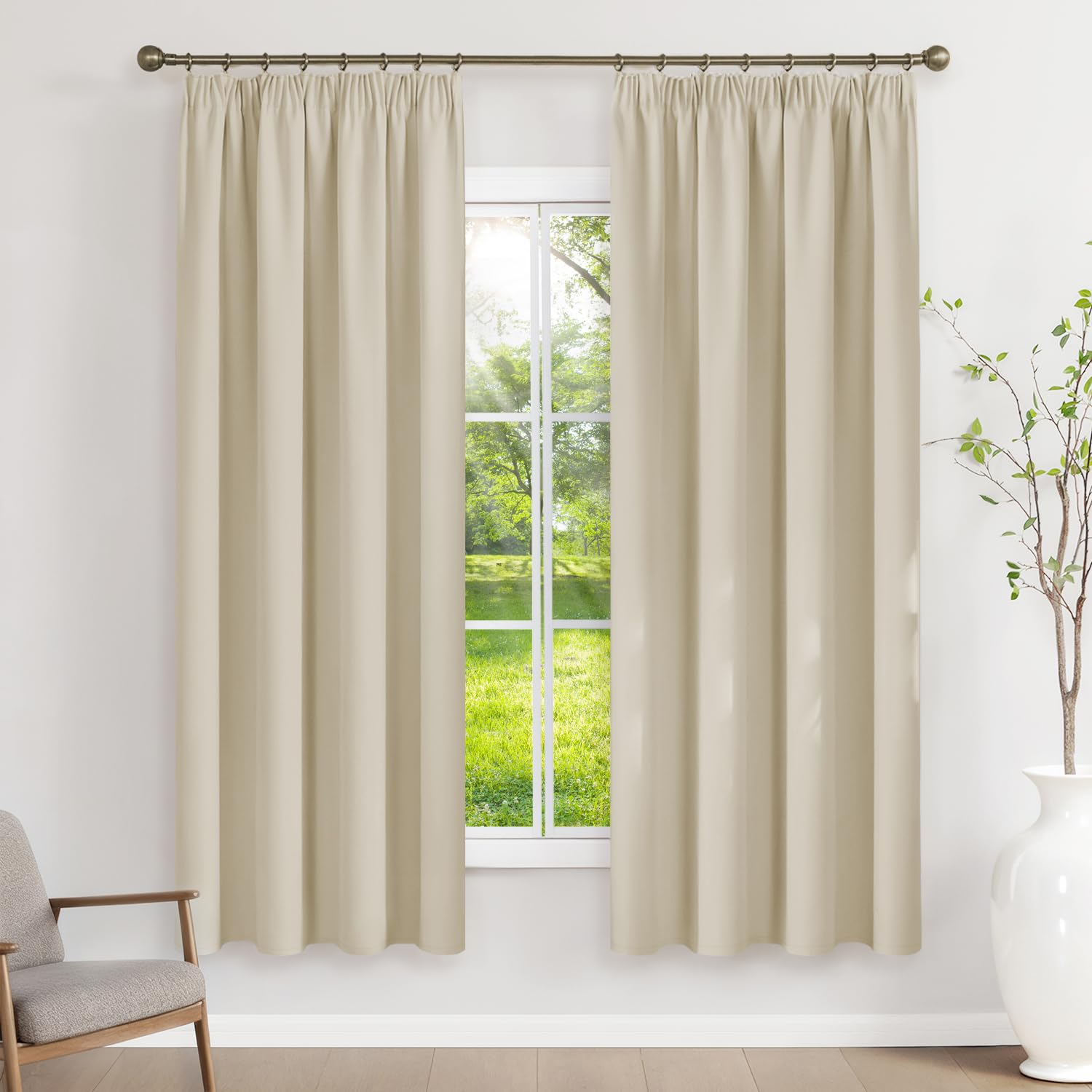 Runyéla Blackout Curtains for Living Room Bedroom with Frunction Tape | 140 x 175 cm, Light Beige, 2 Panels, Modern Thermal Curtain for Rail and Rings with UV Blocking, OEKO-TEX