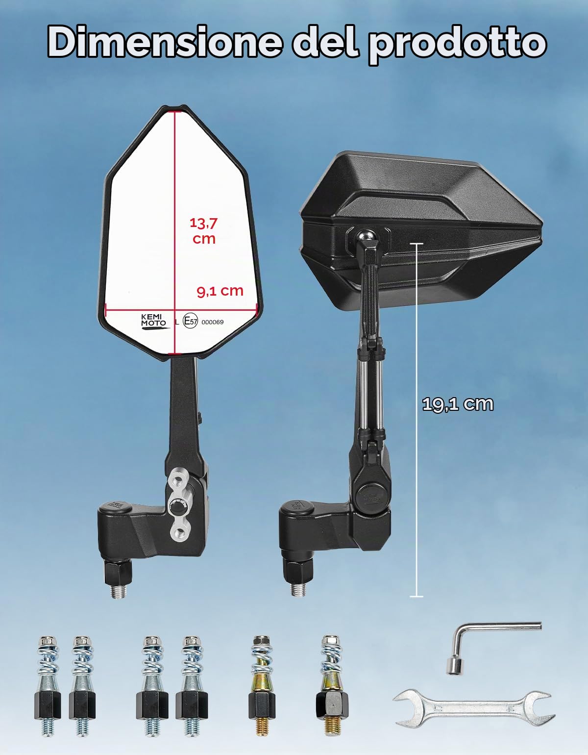 KEMIMOTO Specchietto Moto Retrovisore, 2 Pezzi E57 Omologati Specchietti Moto, Ruotabile di 360° Universale Specchietti Laterali Compatibili con Motocicli, Scooter, ATV