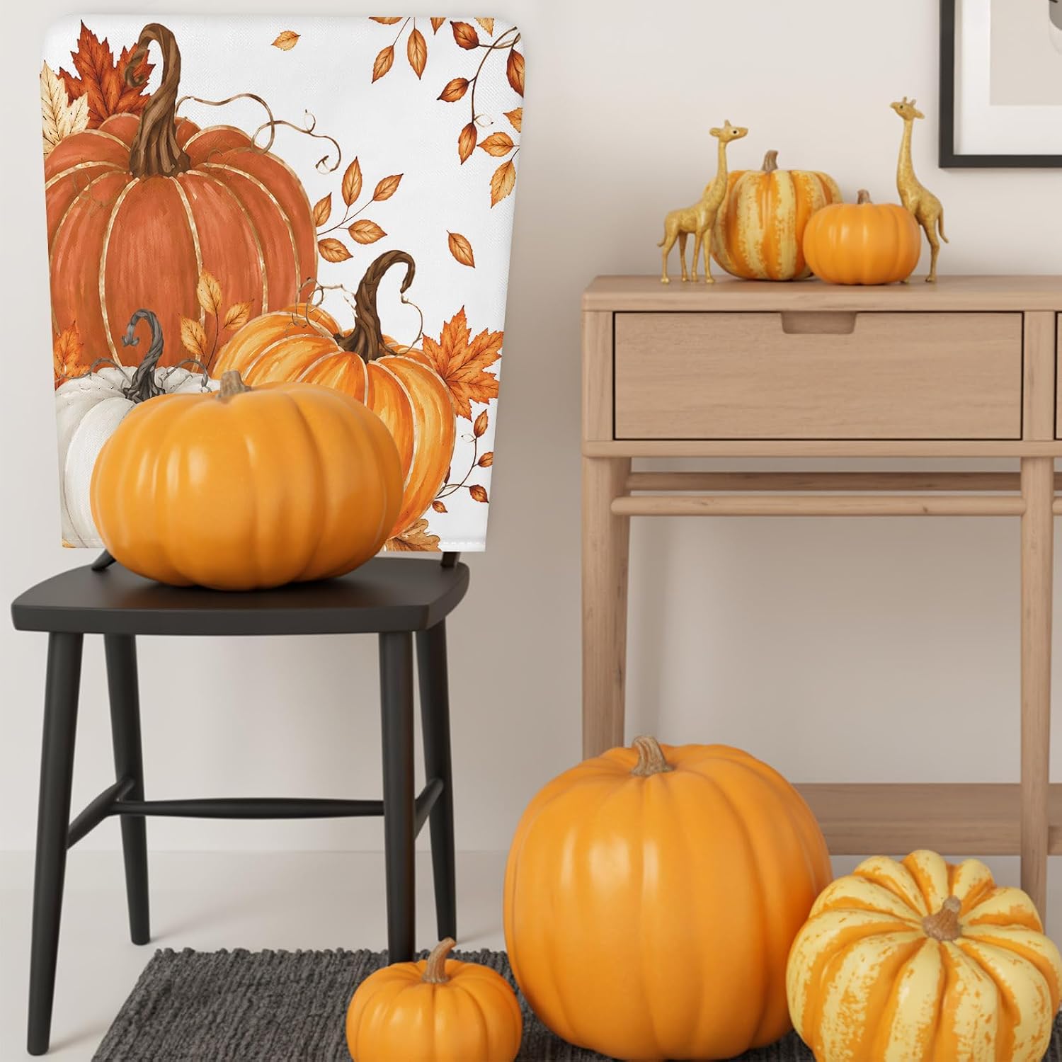 Burnt Orange Pumpkins Fall Chair Covers Set of 4 for Dining Room, Thanksgiving Botanical Chair Back Cover, Maple Leaves Removable Kitchen Chairs Slipcovers Seat Protector for Party Banquet Decorations