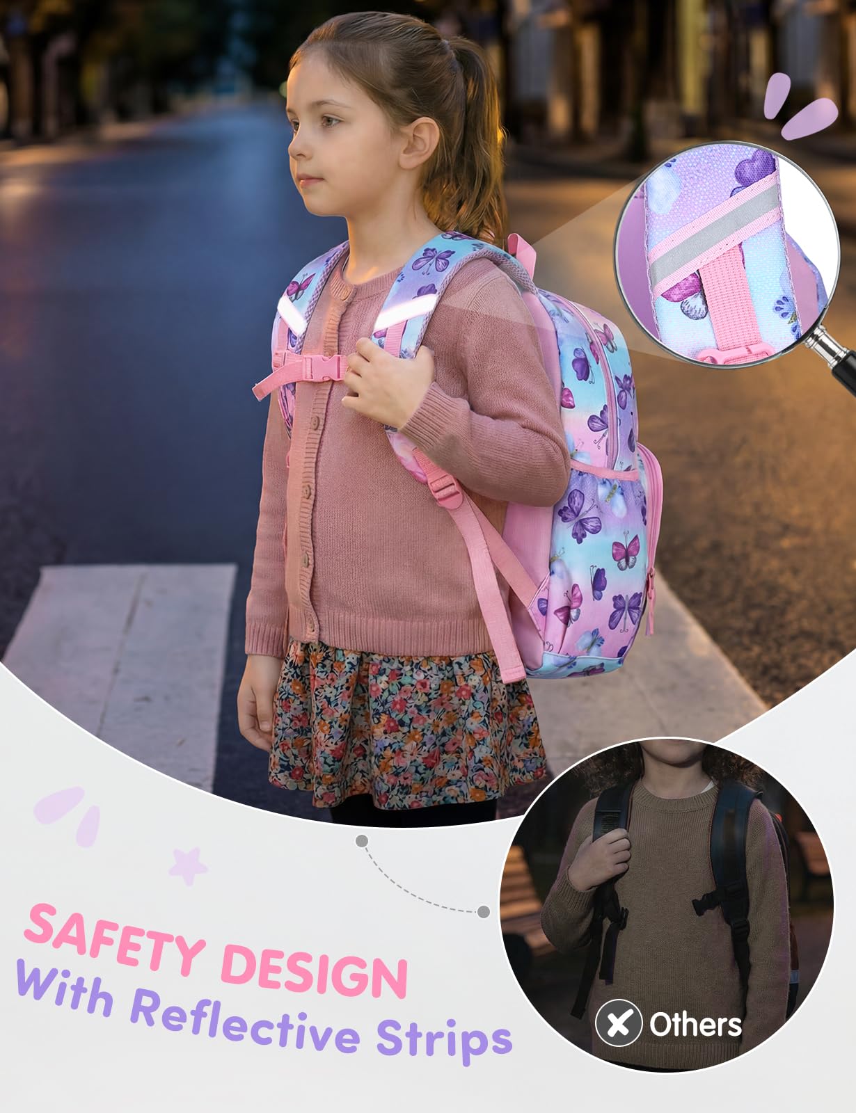Cartable Fille Primaire, 13,2L Sacs à Dos Enfants Fille 6-8 Ans Imperméable Léger avec Sangle de Poitrine pour CP-CE2 Voyage Format A4 Papillon