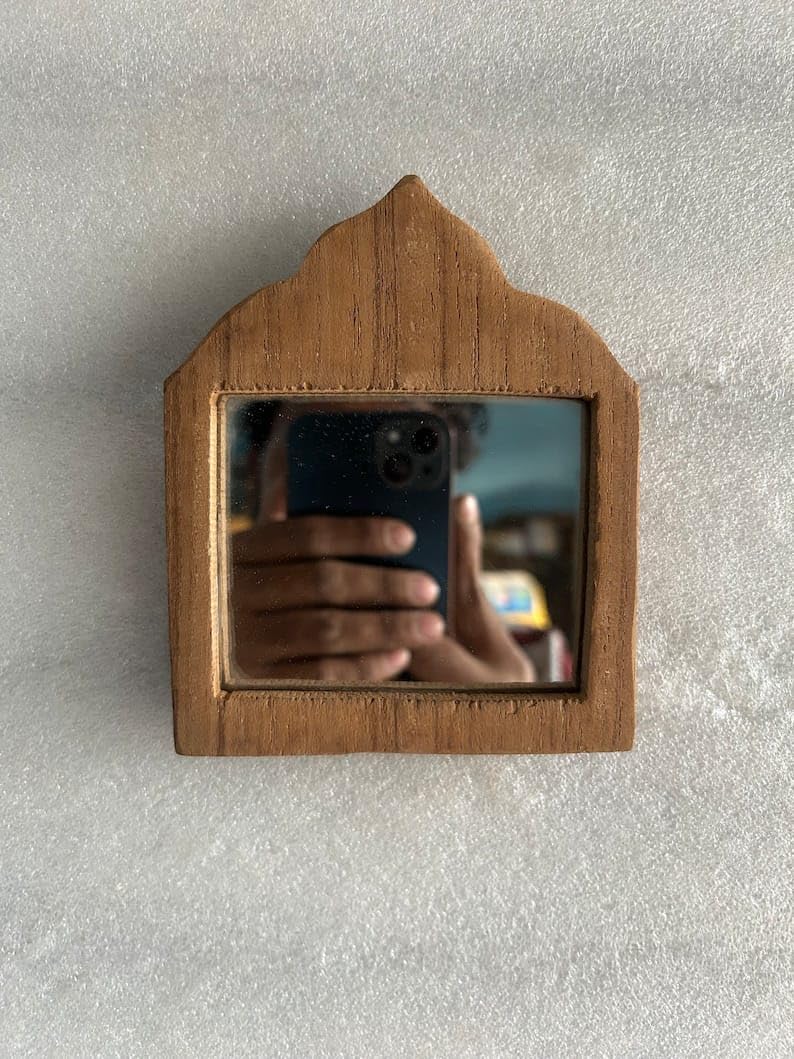 Adeez Gallery Antique Look Wooden Mirror Frame Size (17cmx19cm) Hand Carved Mirror Reclaimed Wall Hanging Mirror Frame Mehrab Design Small Mirror Indian Wall Decor Frame