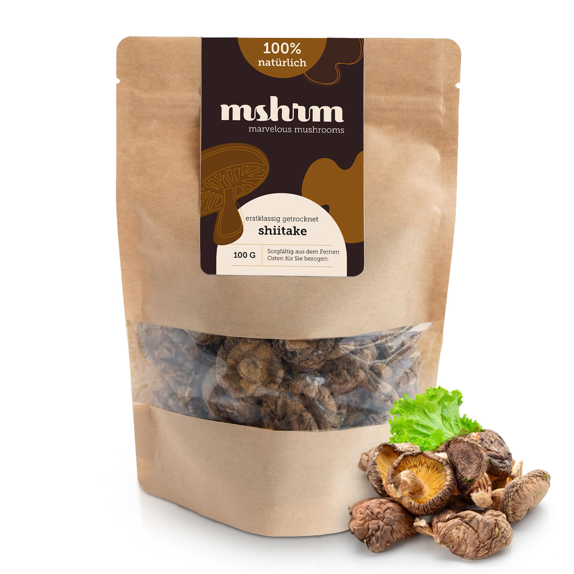 MSHRM Shiitake Pilze getrocknet 100g - Klasse 1 - Nachhaltige Getrocknete Pilze in höchster Qualität zum Kochen & Essen - Shitake getrocknet - Chinesische Pilze - Shitake Pilze aus Nachhaltigem Anbau