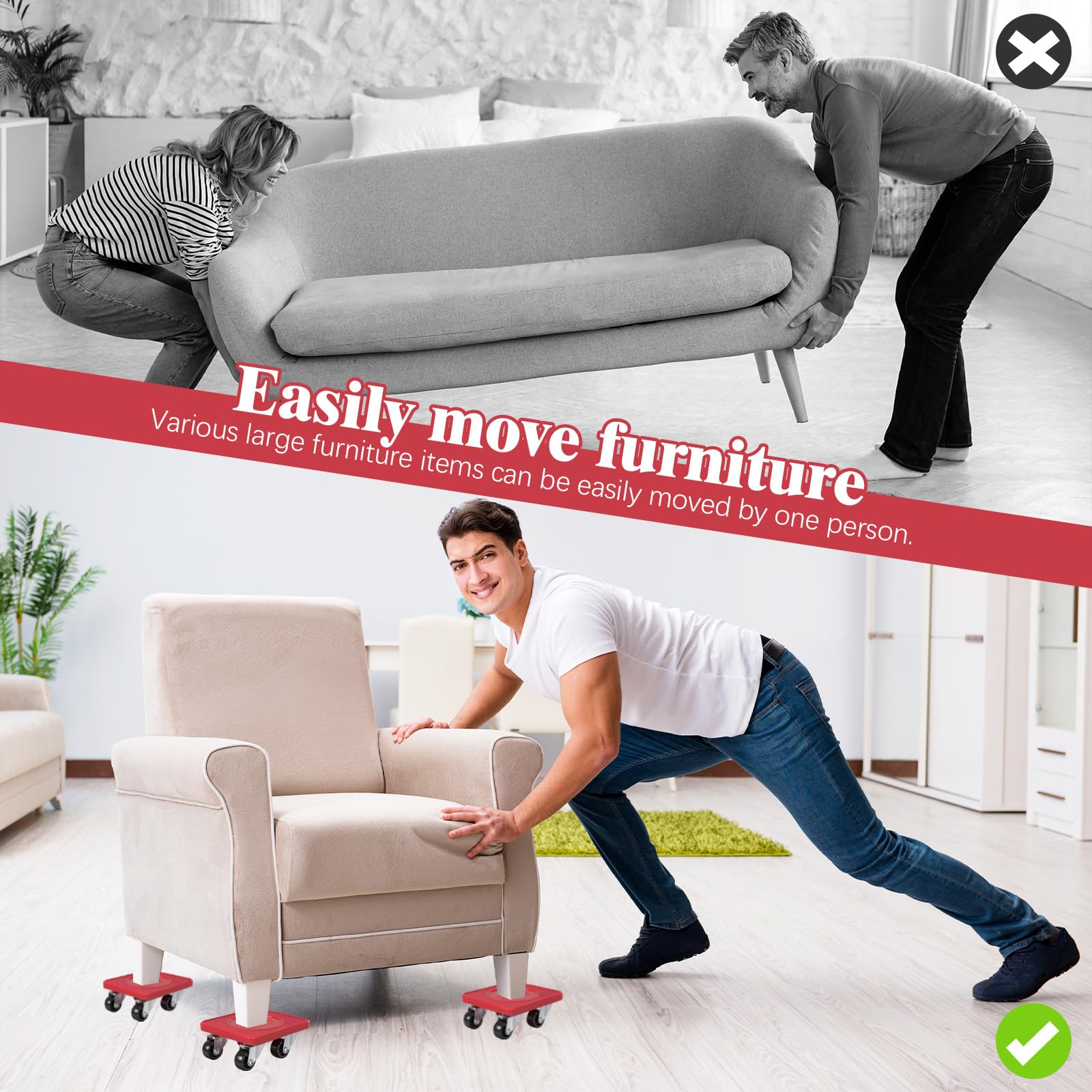 5 Pièces Kit de Transport de Meubles, Kit de Deplace Meuble a Roulette, Leve Meuble, Rotation à 360°, Leve Meuble Lourd Élévateur pour Sofa Machine Laver Garde Robe Réfrigérateur