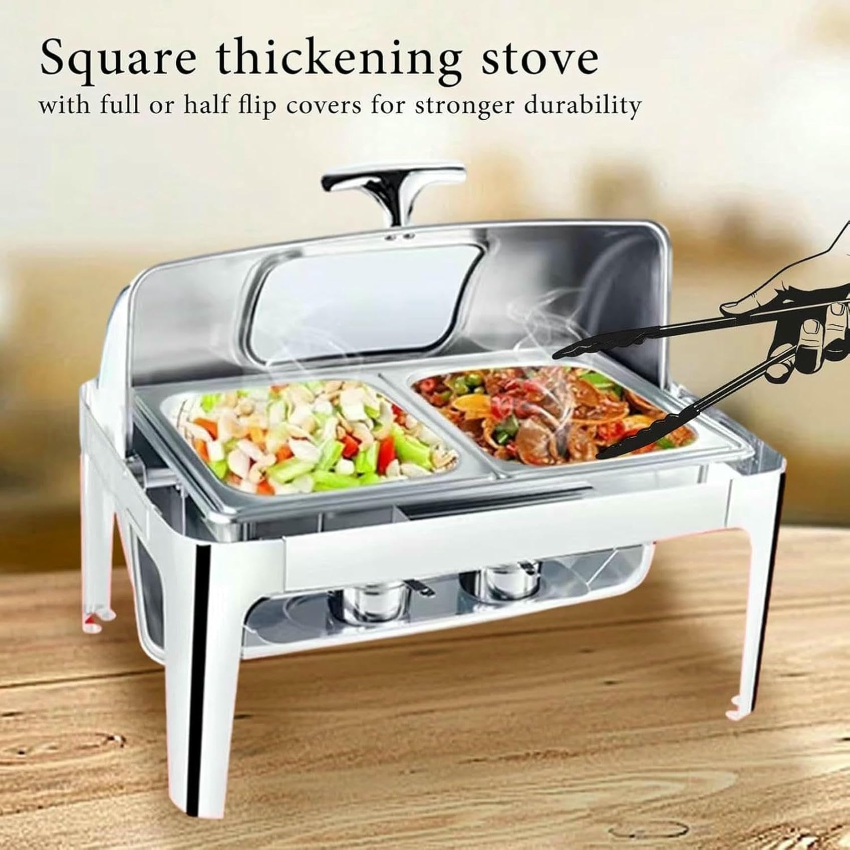 Juego de plato para calentar alimentos, juego de cinco piezas con bandeja para comida y agua, soporte, tapa y quemador, rectangular, con visor para cafetería, con aislamiento térmico y térmico, 9 l