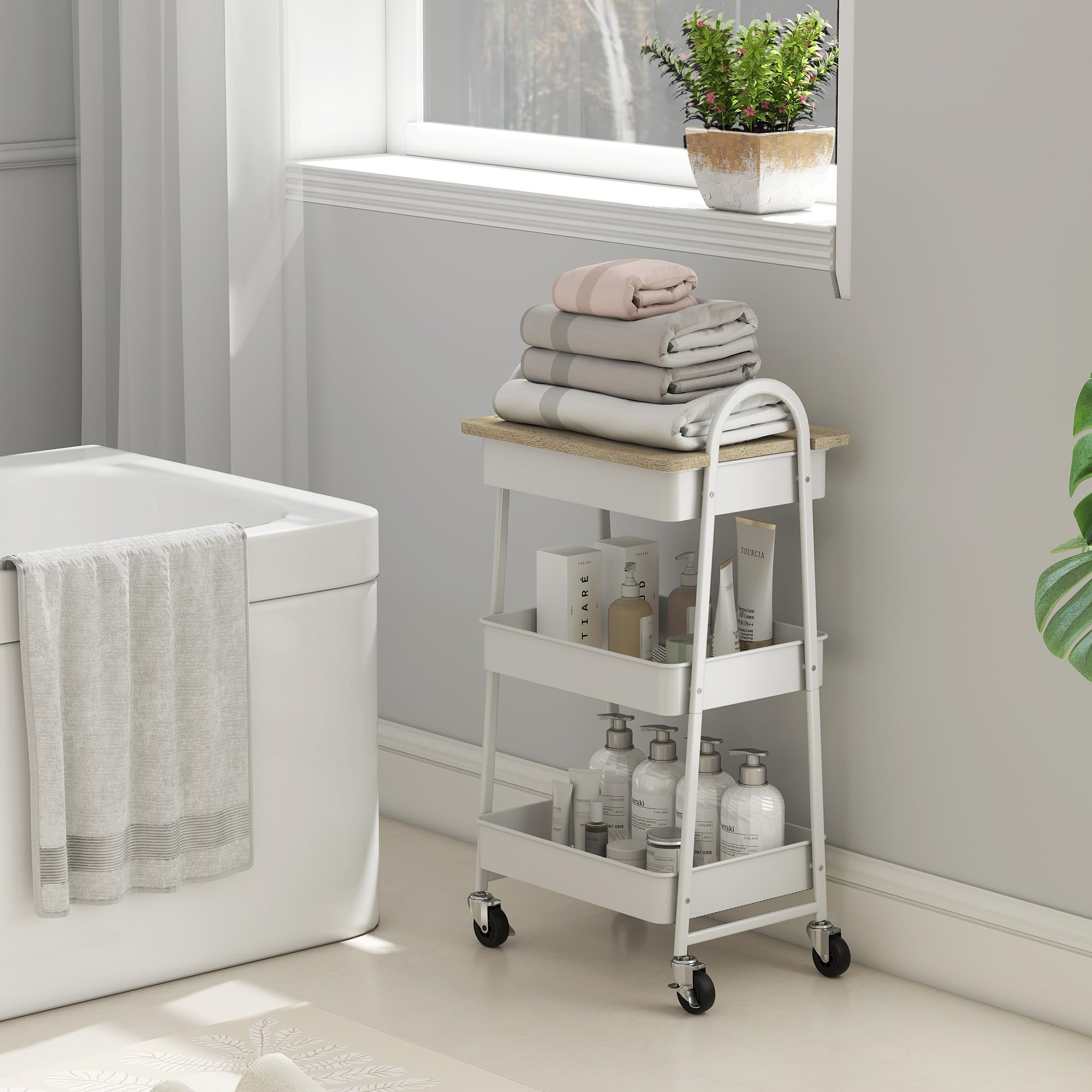HOMCOM Desserte Cuisine, Chariot de Service à 3 Niveaux, avec Plateau supérieur, paniers en Maille, poignées, Chariot de Rangement à roulettes pour Salon, Bureau, Cuisine, 45 x 32 x 77,5 cm, chêne