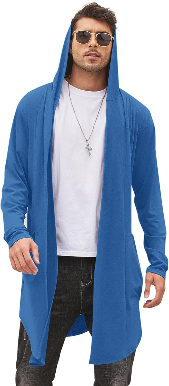 COOFANDY Men's Long Hooded Cardigan Shawl Collar Lightweight Open Front Drape Cape Overcoat with Pockets