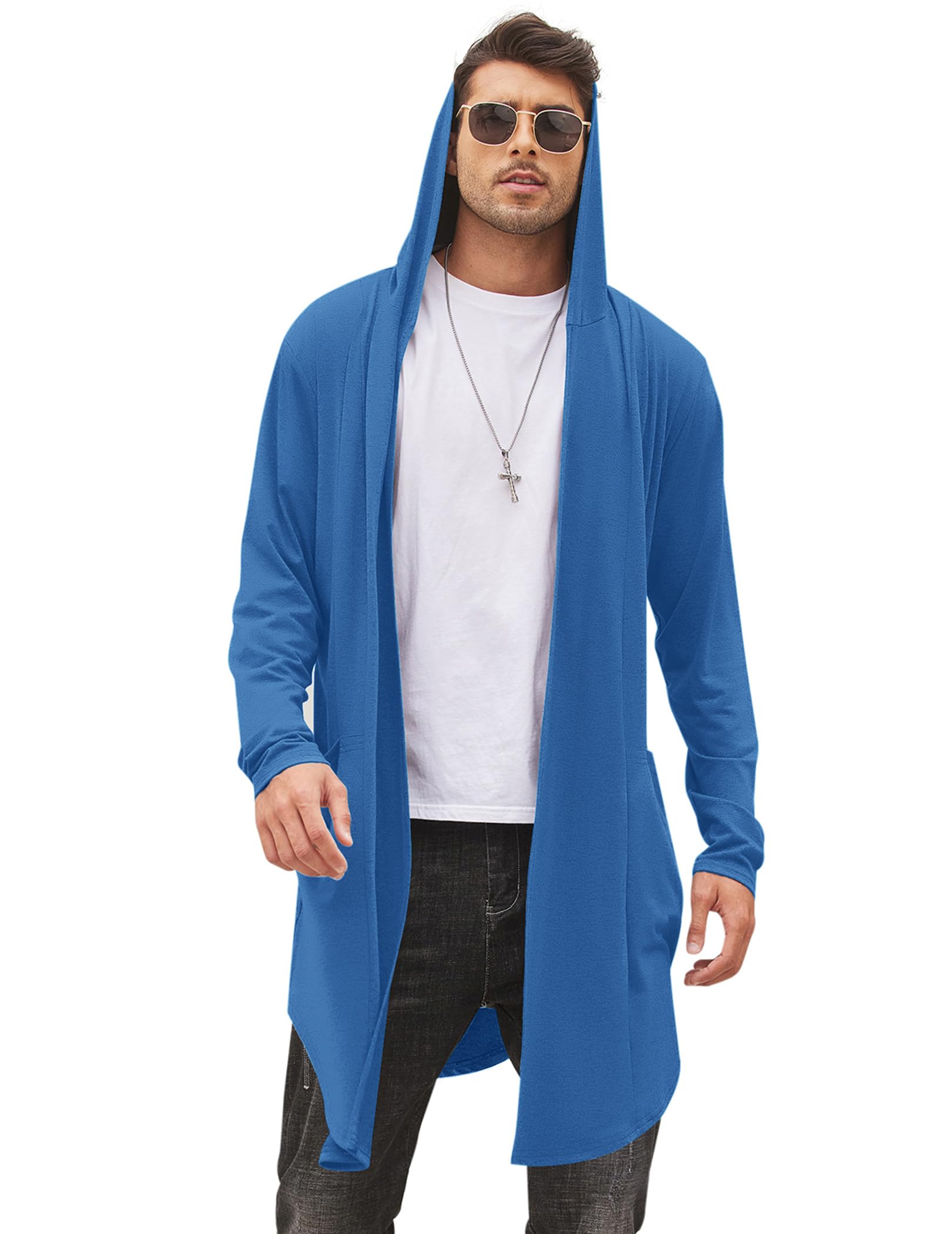 COOFANDY Men's Long Hooded Cardigan Shawl Collar Lightweight Cape Cloak