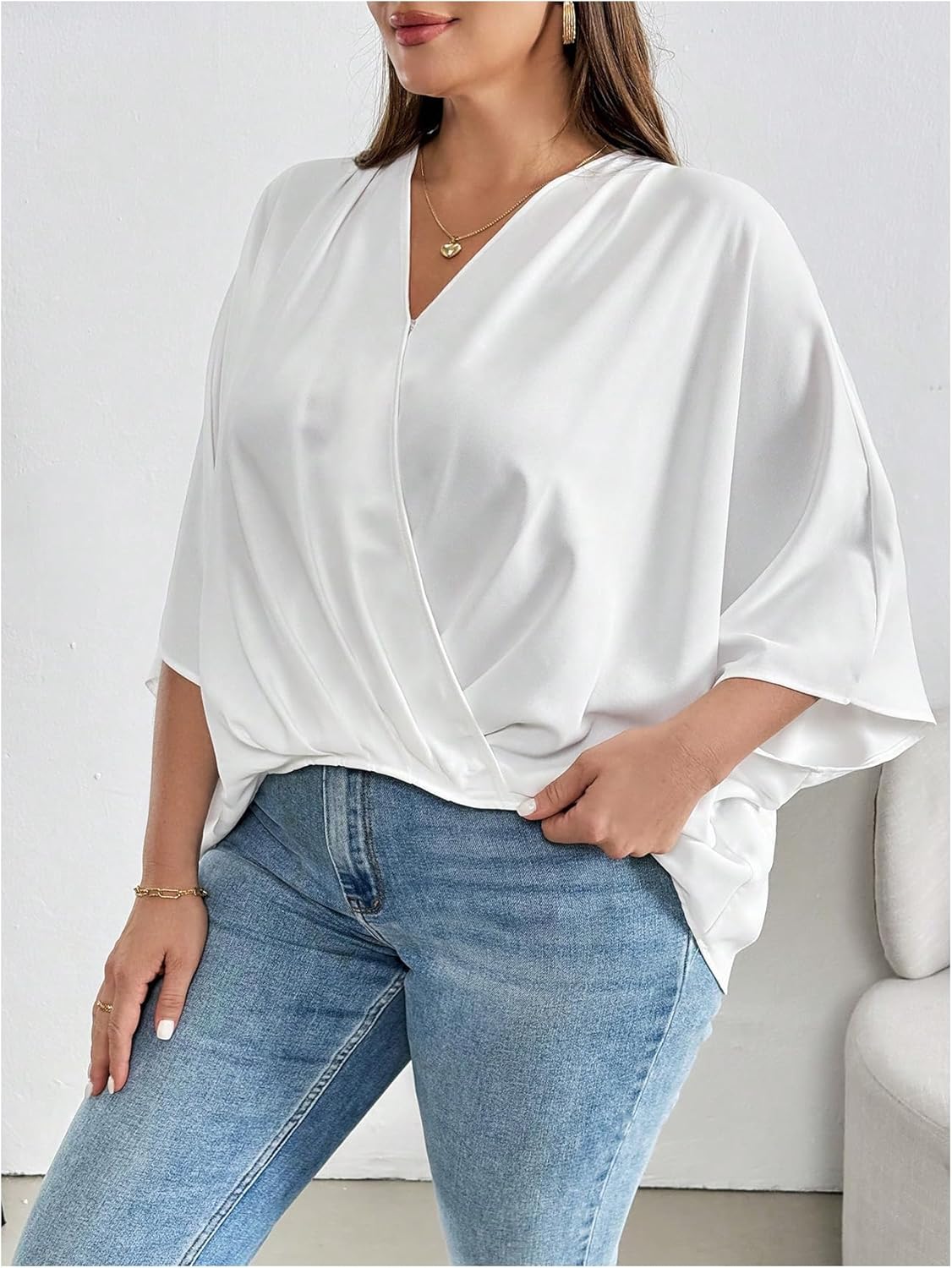Floerns Women's Plus Size Wrap Front Blouses 3/4 Sleeve V Neck Elegant Dressy Shirts - Image 2