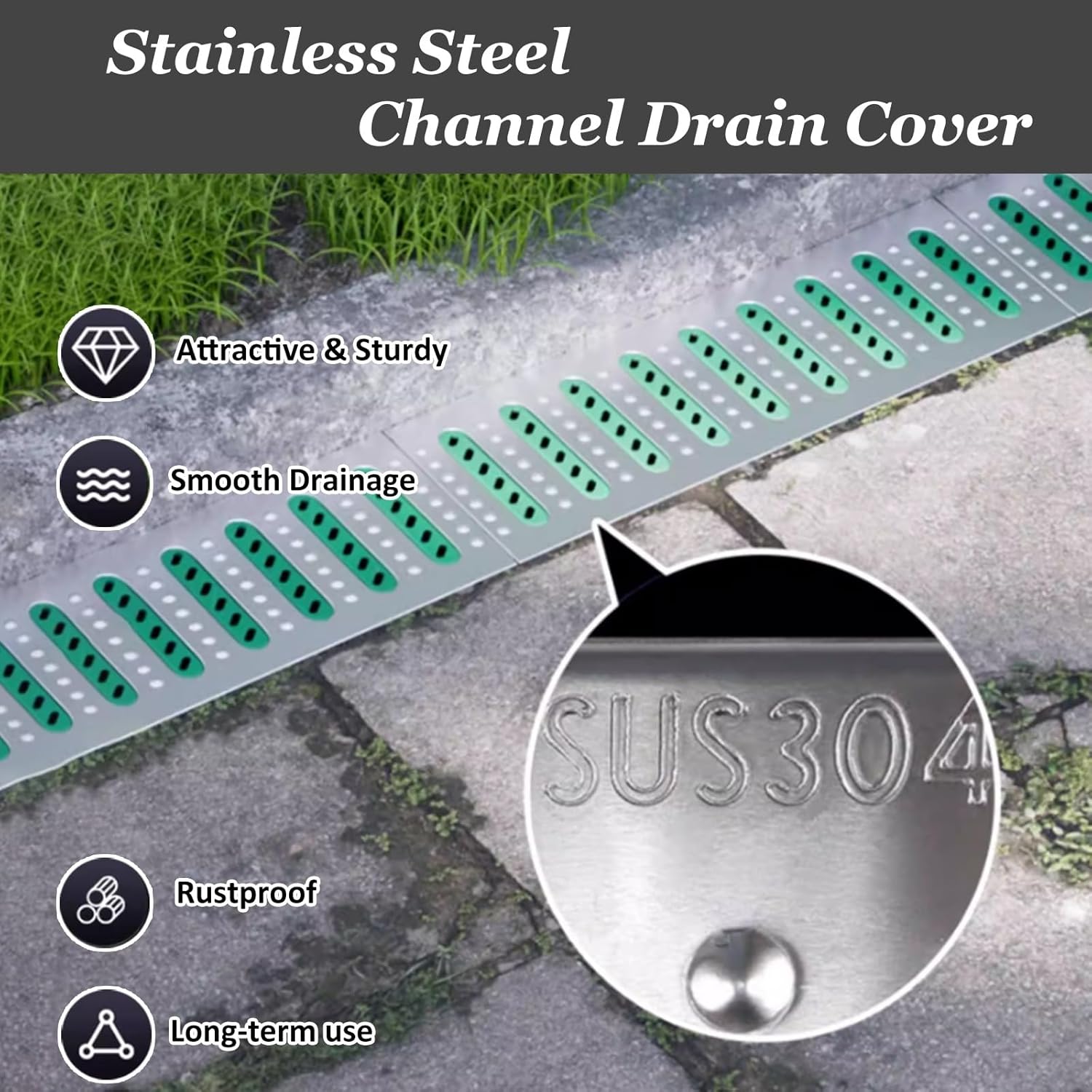 Patio Pool Deck Gutter Set 2 4 6 8 10 12 14 16 Inch Wide, Anti-Slip Drainage Trough Cover, Stainless Steel Drain Channel Grates, with Non Slip Surface(10pcs,W-10cm/4in)