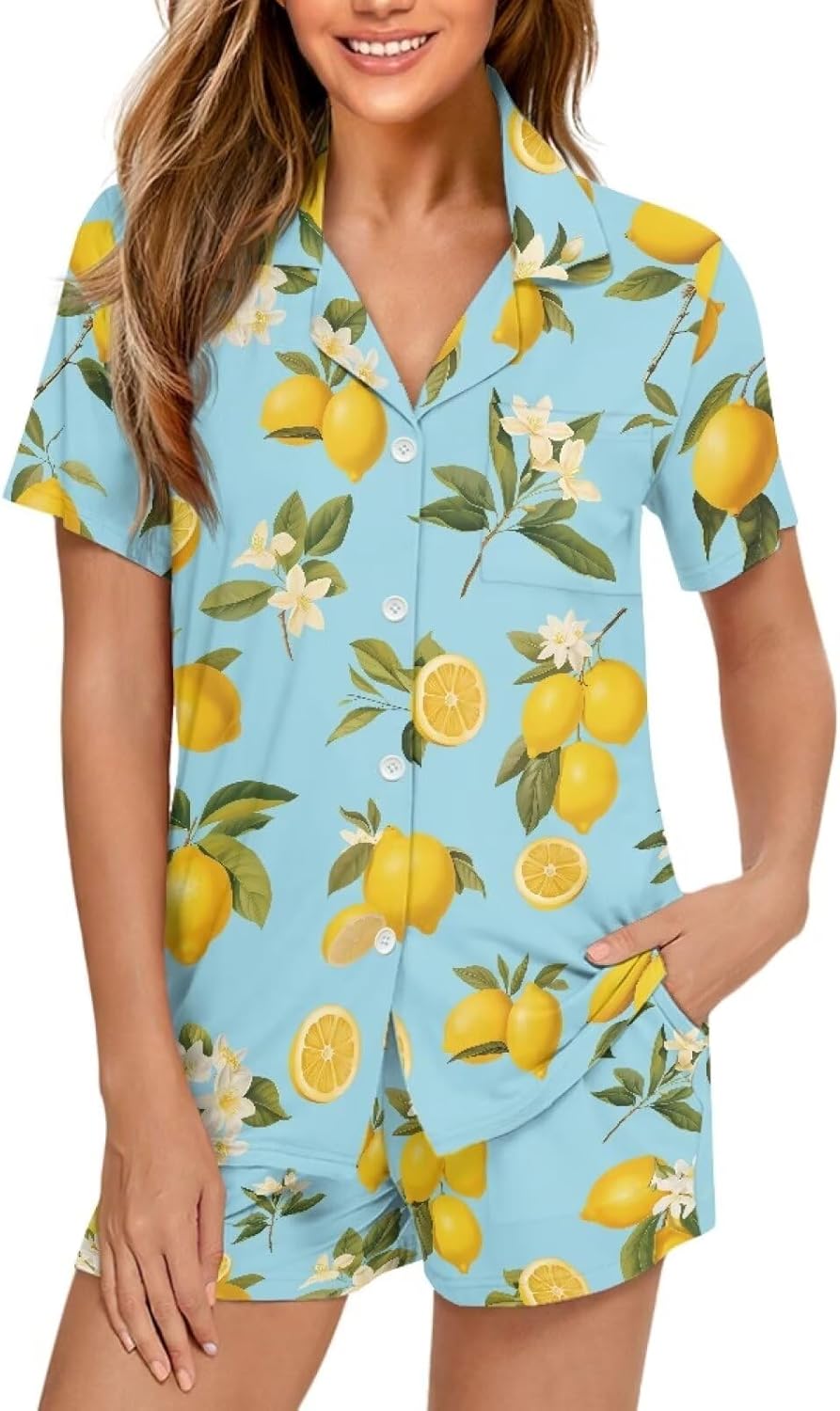 Pajamas Sets Two Piece Sleepwear for Women Plus Size Button Down Pjs Fruits Theme Lounge Sets