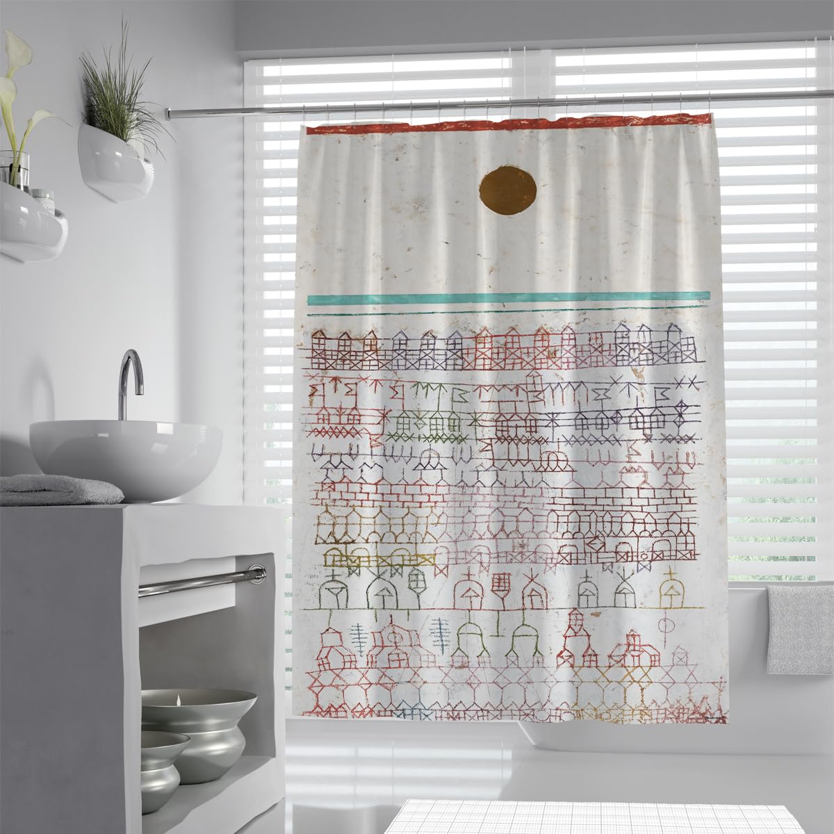 OLLIAR Home Abstract Geometric Shower Curtain Modern Minimalist Sun Mysterious Nordic Art Waterproof Polyester Fabric Washable Bathroom Decor with Hooks 220x200cm