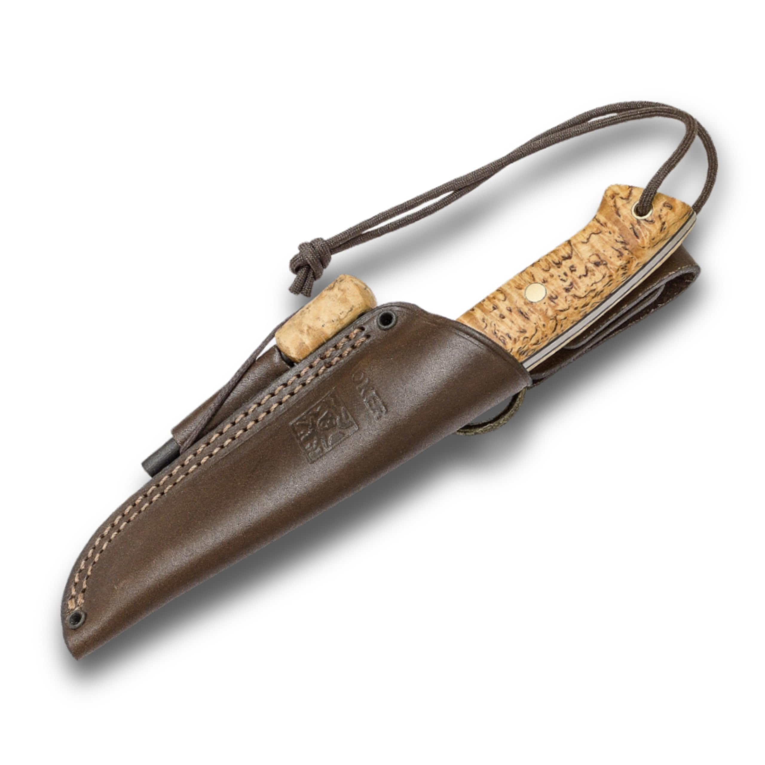 Joker CL143-P Jagdmesser Ranger – 11 cm Klinge, Griff aus Maserbirke, braune Lederscheide mit Feuerstahl – Outdoor-, Angel-, Jagd- und Campingmesser