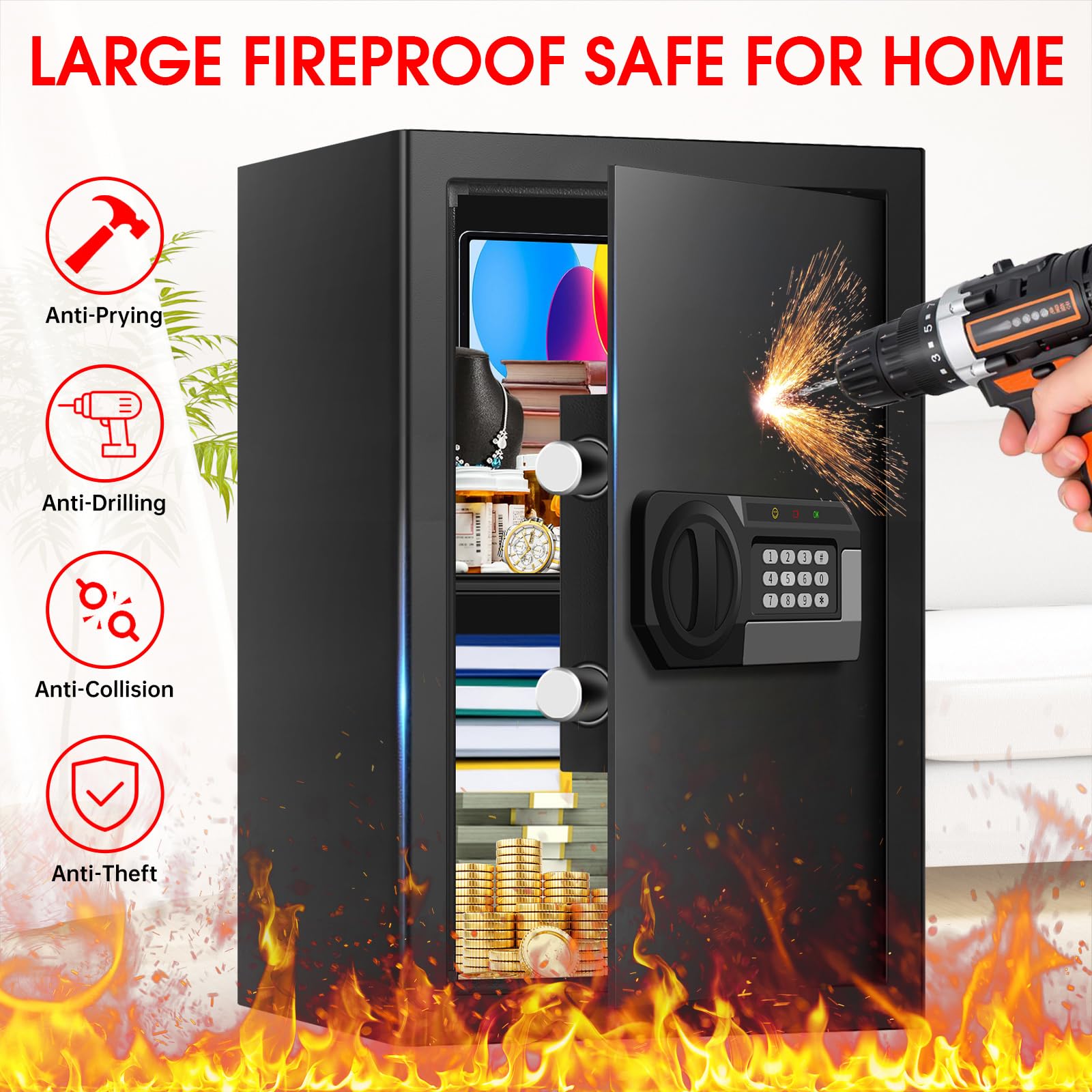 3.0 Cub Cassaforte di sicurezza digitale per uso domestico, ignifugo e impermeabile, antifurto, con tastiera elettronica e chiave, a prova di fuoco, per documenti domestici, armi da fuoco, medicine,