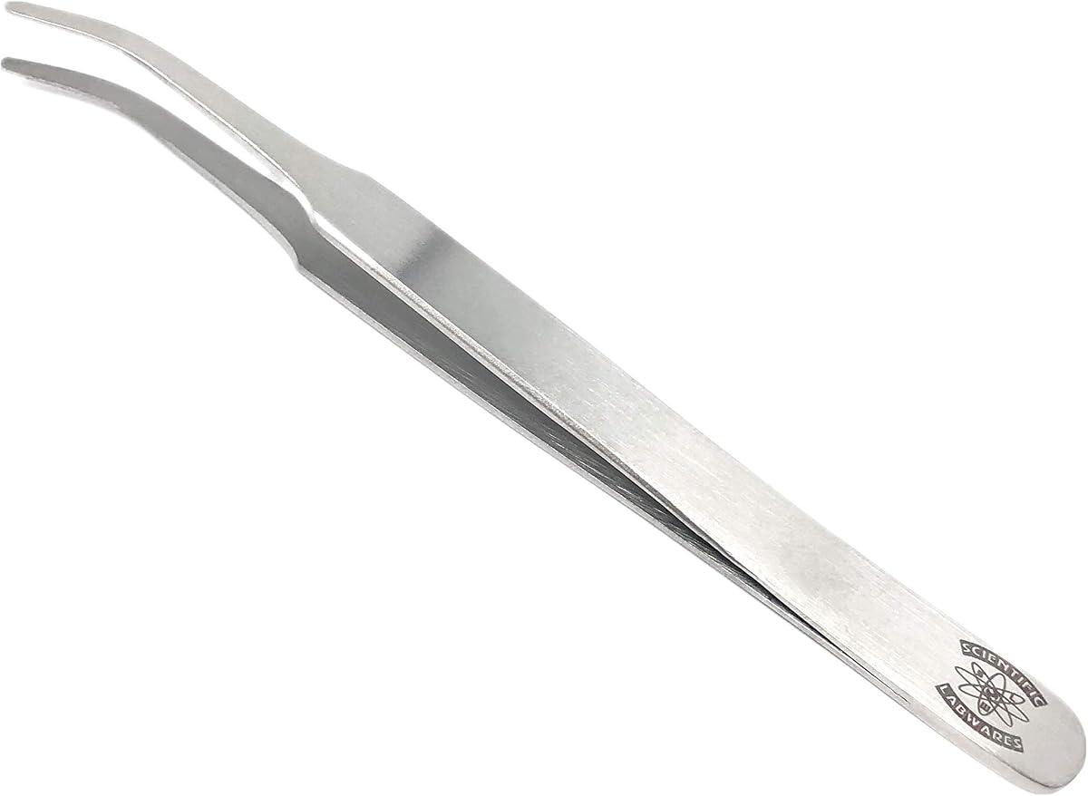 Pinzas de laboratorio de acero inoxidable con puntas planas cónicas y curvas, 4,5 pulgadas de largo