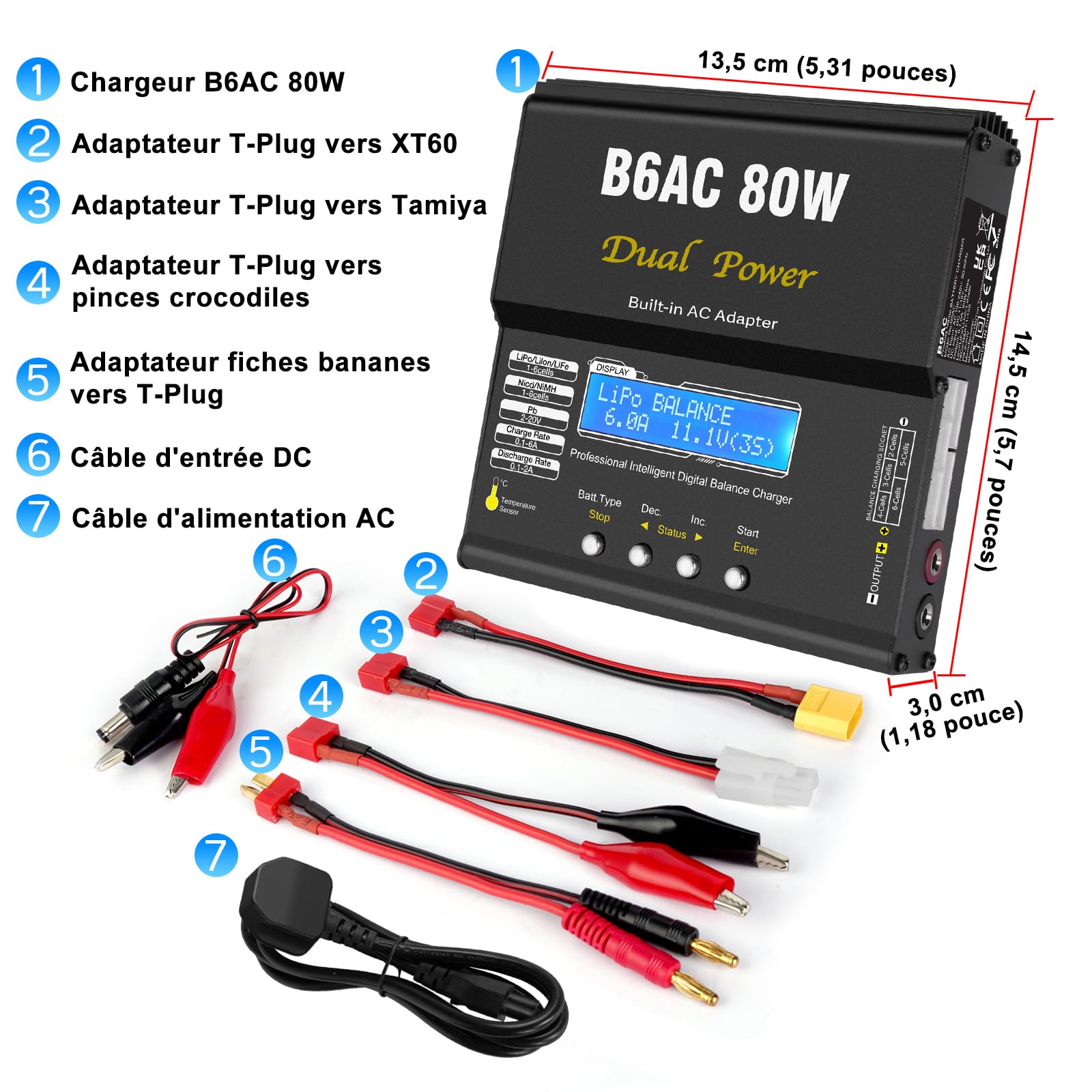 HTRC Chargeur Batterie LiPo, 80W 6A Chargeur LiPo RC pour Batteries LiPo/Li-ION/Life (1-6 Cellules), NiMH/NiCd (1-15 Cellules) et PB (2-20V), équipé de Connecteurs XT60/Prise T/Tamiya/Pince Crocodile