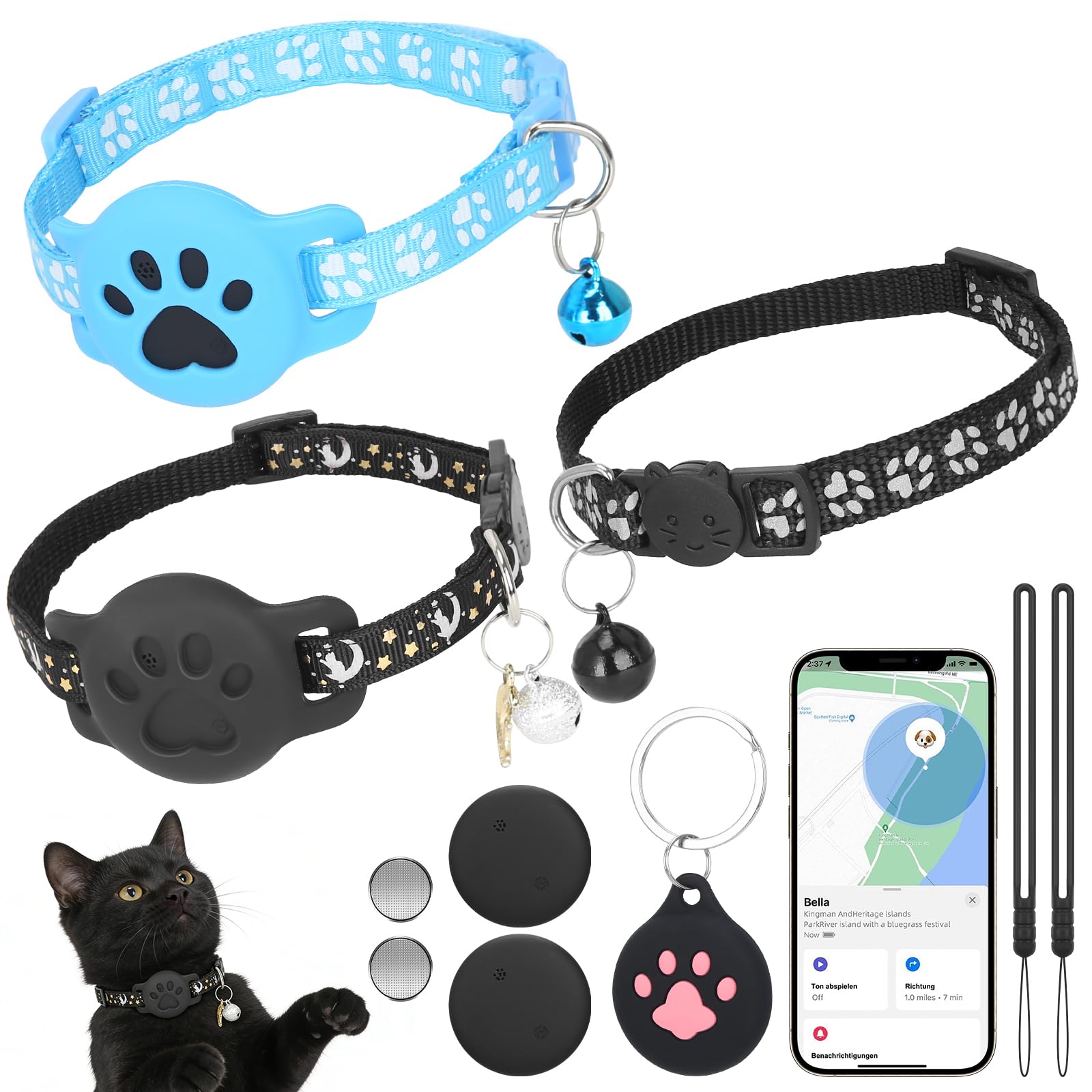Rastreador de perros y gatos sin suscripción para iOS y Android, paquete de 2 rastreadores de mascotas sin tarifa mensual con 3 collares compatibles con Apple y Google Find My, no necesita SIM, collar